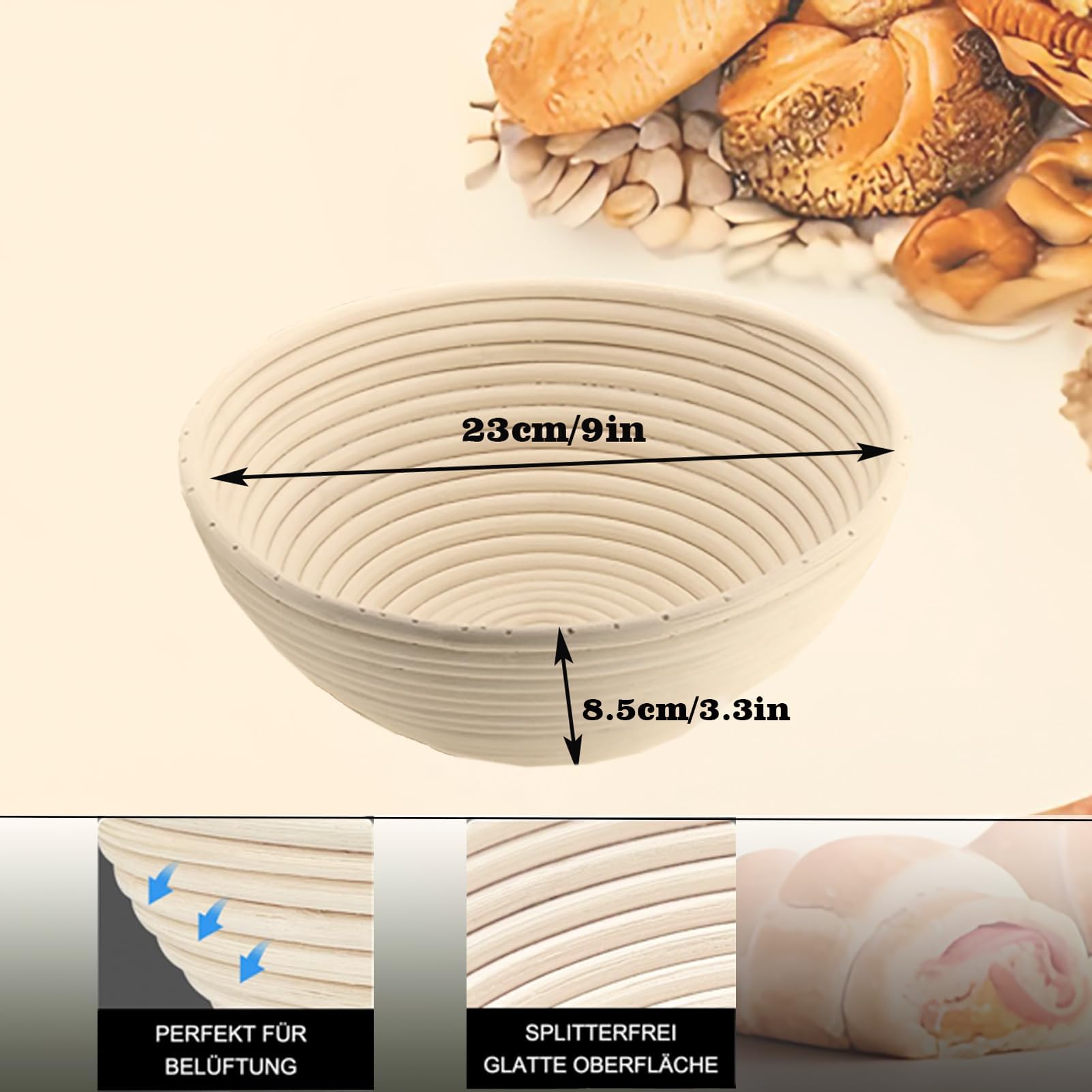 Okrągły kosz do pieczenia chleba, 23 cm, naturalny rattan, kosz na pieczywo z nadającą się do prania wkładką lnianą, dla profesjonalnych i domowych piekarzy, pieczenia chleba
