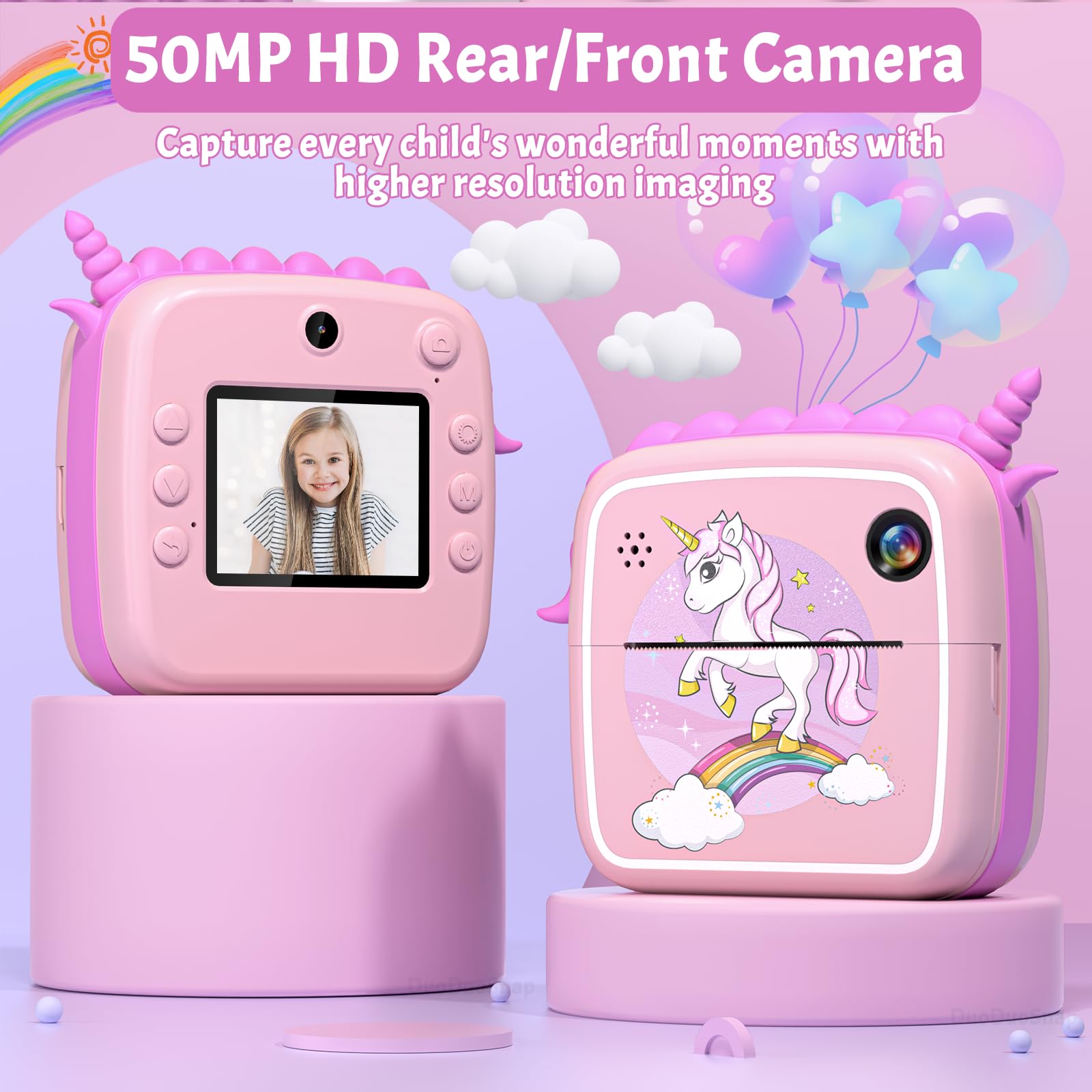 64GB Macchina Fotografica Bambini Istantanea, 50MP Digitale Fotocamera Bambini con 16X Zoom, DuoDuoSnap 2,4" 1080P Videocamera Stampa fotografica Regali Giocattoli per 3-12 Anni Ragazze Ragazzi-Rosa