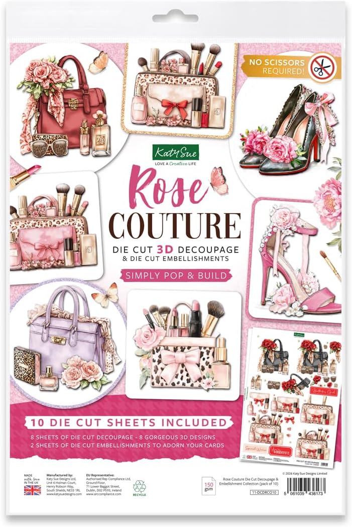 Katy Sue Rose Couture Die Cut Decoupage Card Making Kit with Embellishments. 10 Pre-Cut Sheets for 3D Card Toppers, Scrapbooking and Craft Projects
