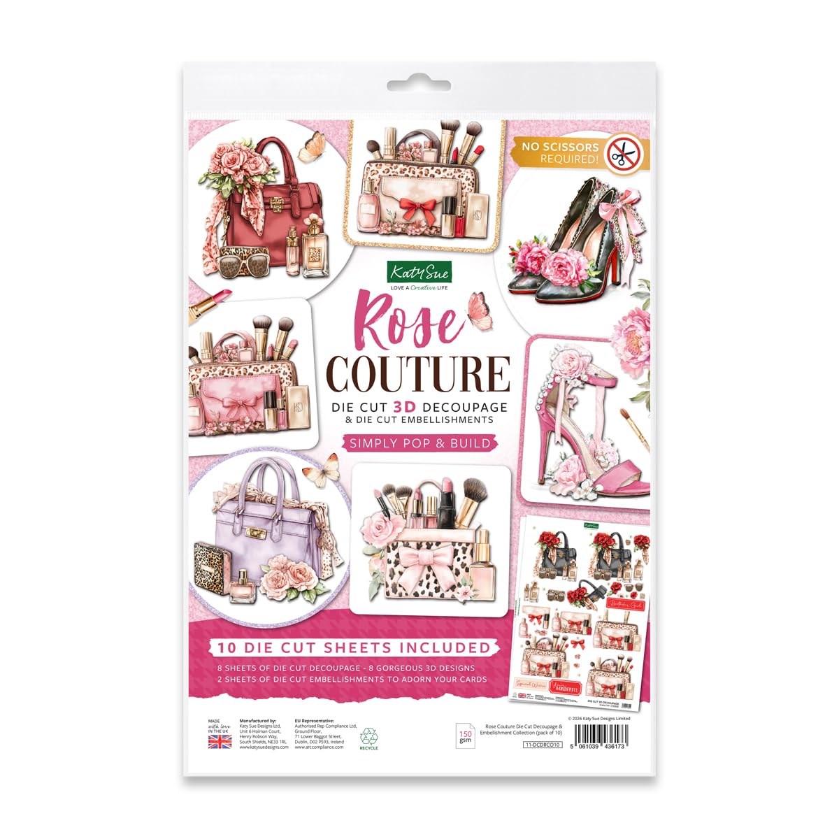 Katy Sue Rose Couture Die Cut Decoupage & Embellishment Collection for Card Making. 10 Pre-Cut A4 Sheets for 3D Card Toppers and Papercraft Projects