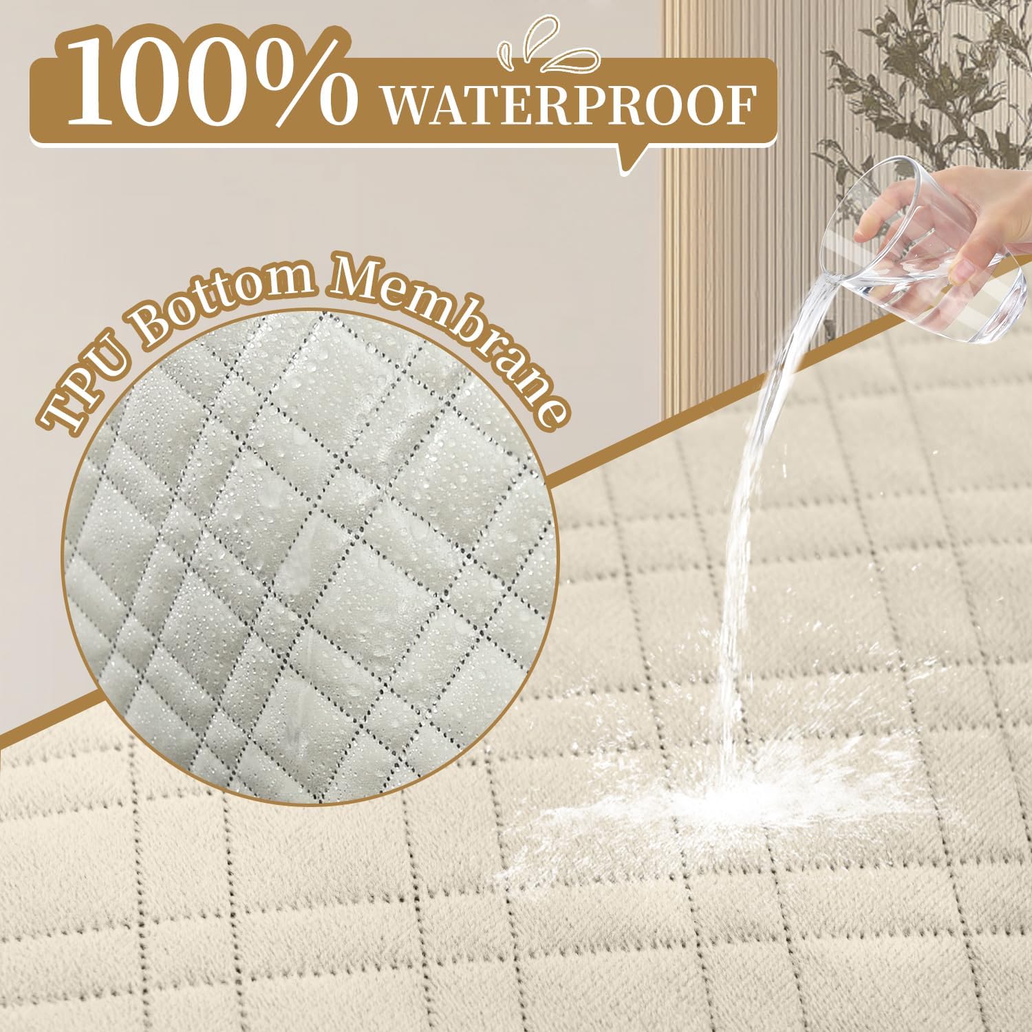 Velvet 100% Waterproof Couch Cover for Dogs Washable Sofa Covers for 3 Cushion Couch Pet Friendly Sofa Slipcovers Set Non Slip Quilted Furniture Protector with Pockets (Large, Beige)