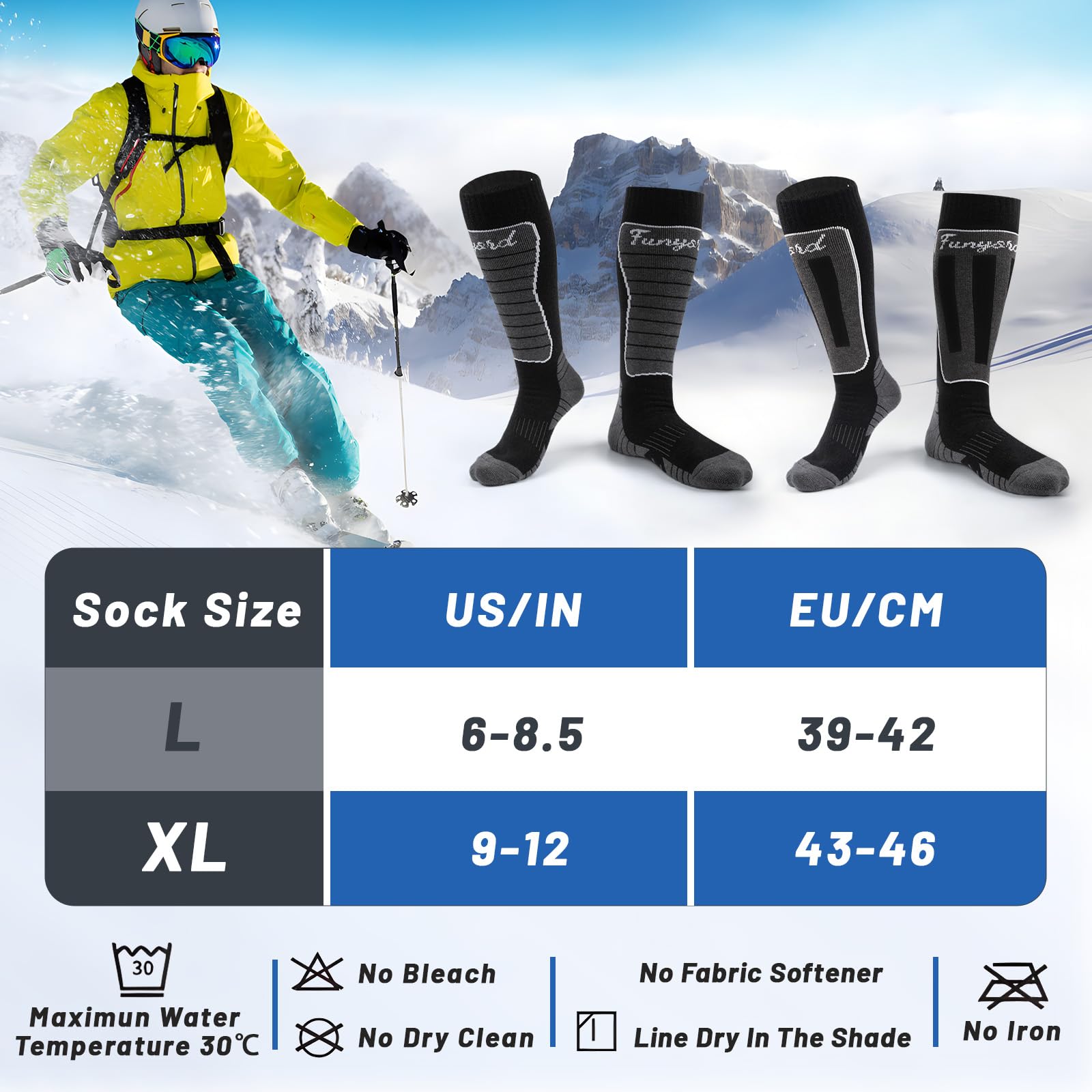 Funyord 2 Paia Calze Sci in Lana Merino Per Uomo, Calze da Sci Calze Termiche al Ginocchio Per Sci, Snowboard, Escursionismo, Sport Invernali