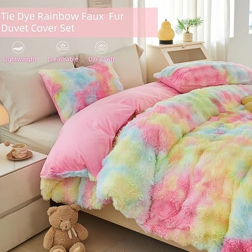 Miniatura 43 de SUCSES Faux Fur Duvet Cover Set Twin Size, Tie Dye Rainbow Plush Shaggy Girls Bedding Set, Soft Velvet Fluffy Fuzzy Ombre Comforter Cover Set