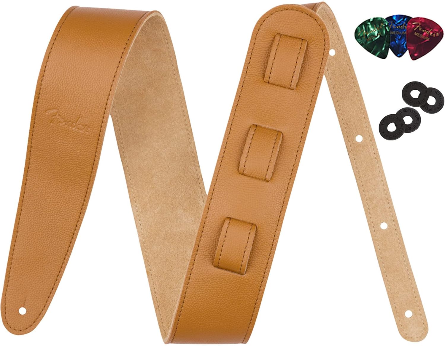 Fender Limited Leather Strap Laurel Tan Bundle with Black Strap Blocks and Picks
