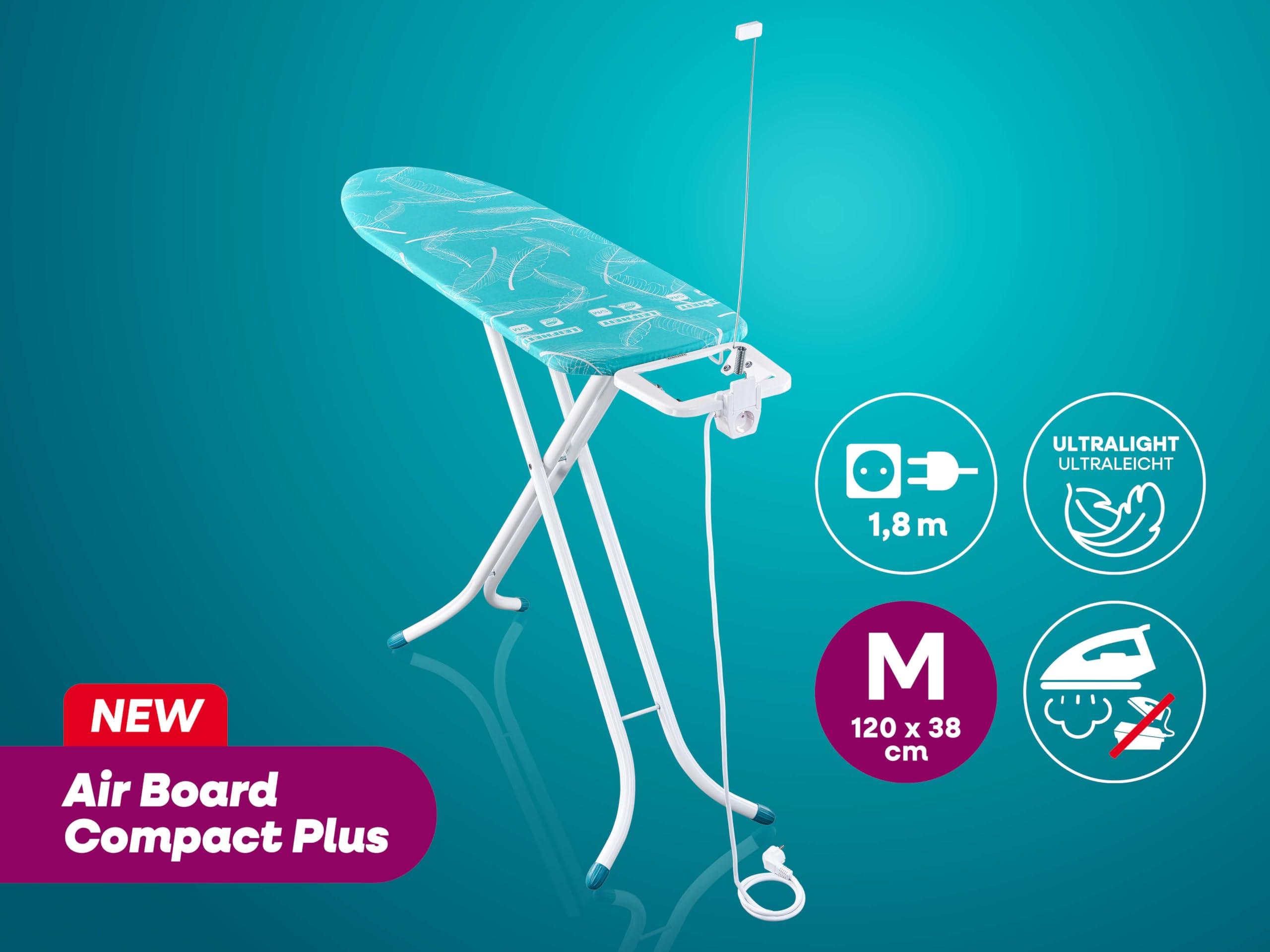 Leifheit Bügeltisch Air Board M Compact Plus, Bügelfläche 120 x 38 cm, höhenverstellbar, Bügelbrett mit Zwei-Seiten-Bügeleffekt, platzsparend verstaubar, geeignet für Bügeleisen und Dampfbügeleisen