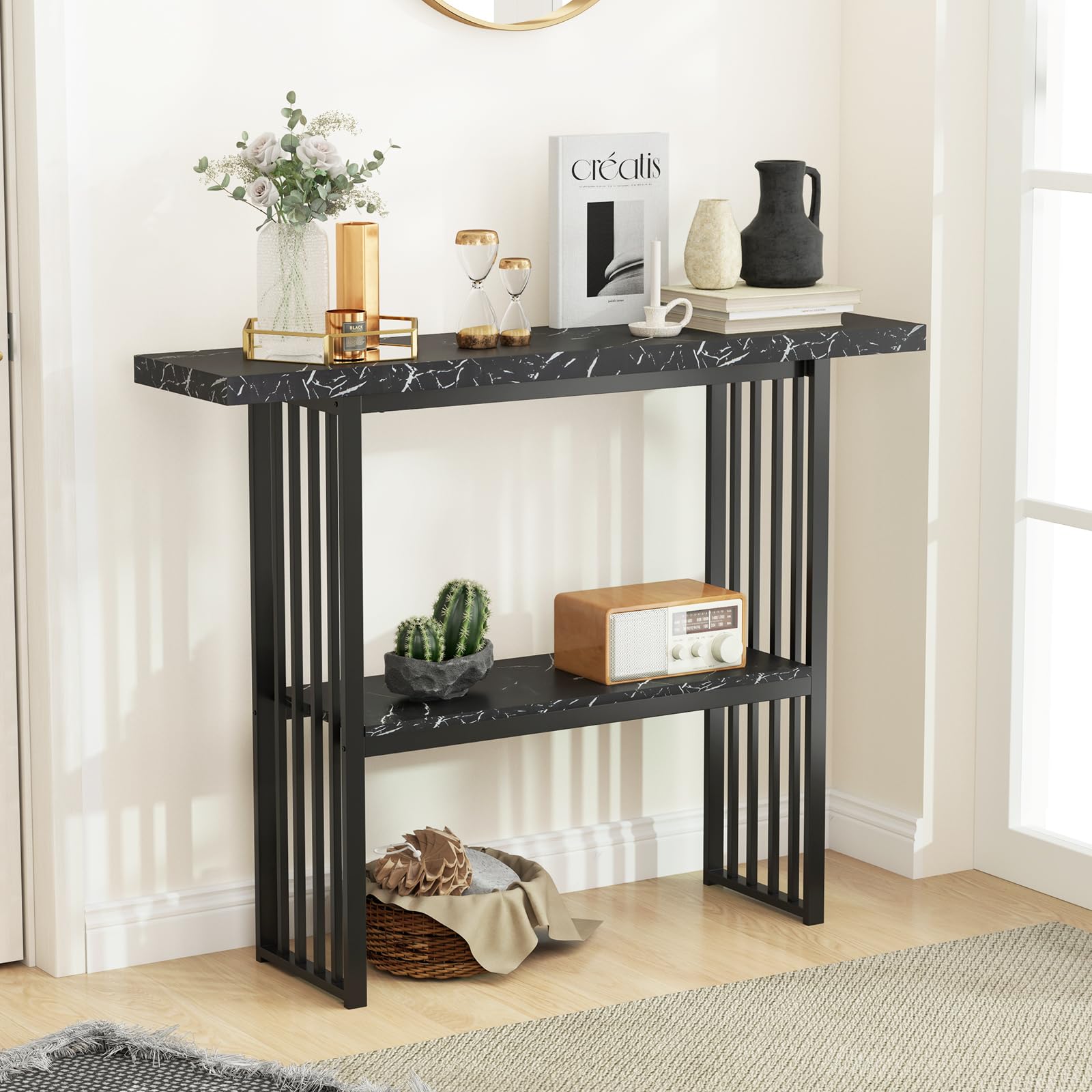 LIFEZEAL Table Console, Table d’Entrée à 2 Niveaux, Bout de Canapé en Faux Marbre, Cadre Métallique, pour Salon, Entrée, Couloir, Doré, 120 x 30 x 93 cm (Noir)