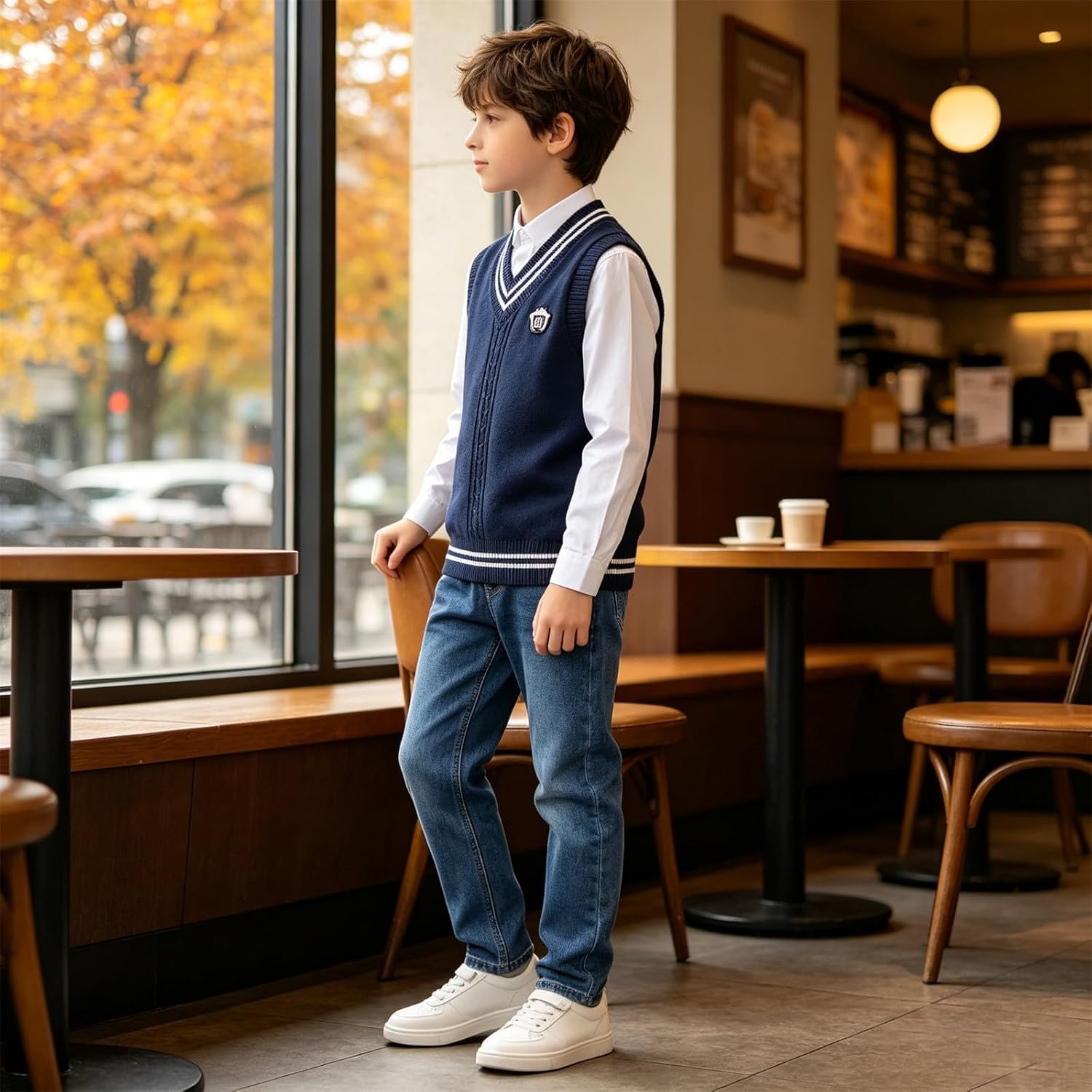 Kids School Uniform Vests Boys Girls Sleeveless Sweater Vest V Neck Cable Knitted Stripe Tank Tops
