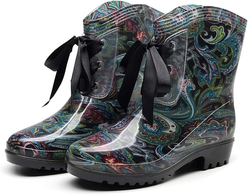 ROYDOM Women's Cute Ankle Rain Boots Rubber Women Waterproof Slip and Garden Boot Short Peacock