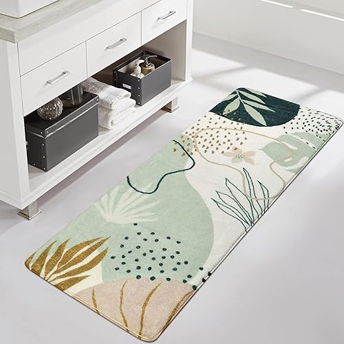 Miniatura 10 de Uphome Alfombras de baño, bonitas alfombras de baño verdes con estampado abstracto, antideslizante, suave, lavable a máquina, bohemio, diseño