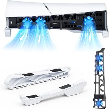 NexiGo PS5 Slim Horizontal Stand, Silent Advanced Cooling Fan, Adjustable Speed, [Low Noise], [Automatic On/Off], USB 3.0 Port, Built-in LED Light, For Both Disk and Digital Versions