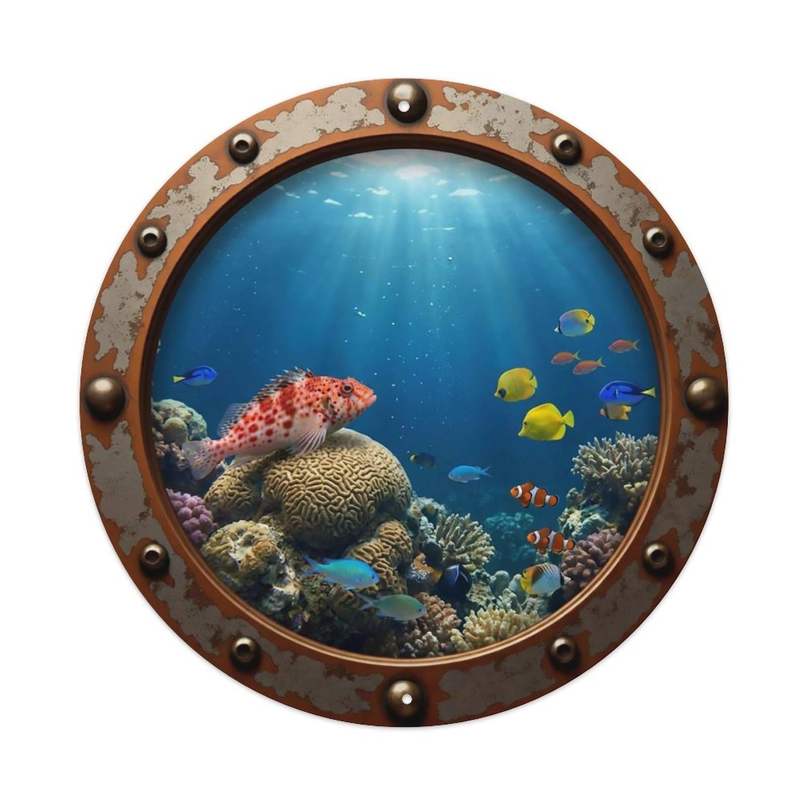 Odgynaw 8X8inch(20X20cm) Vintage Porthole Hawkfish Nautical Window View Metal Tin Sign
