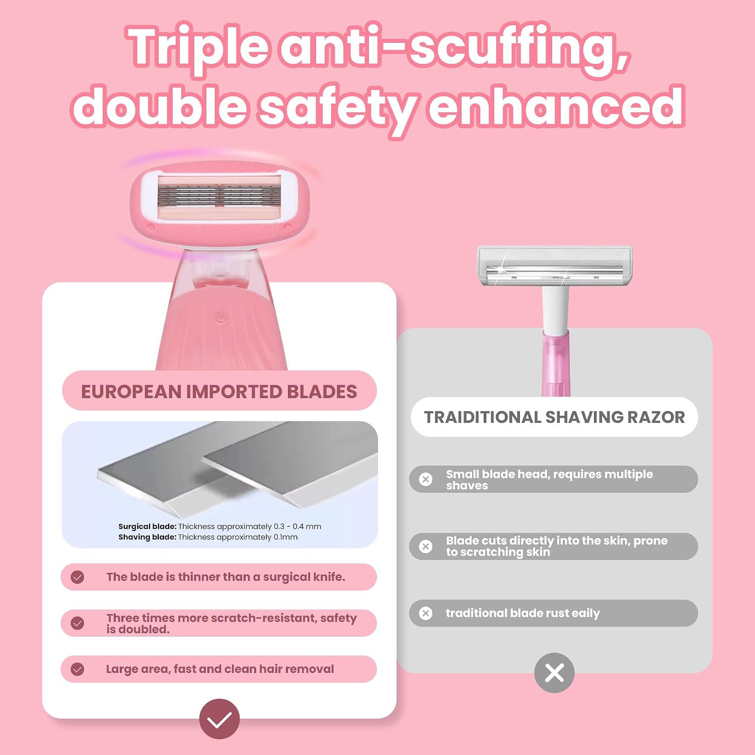 Keropy Women Razors moisturizing bar for Sensitive Skin, Travel Razors Shaving Kit Essential - 5-Blade for Sensitive Skin - Bikini, Legs, Underarms - 1 Handle & 3 Refill Cartridges - Pink