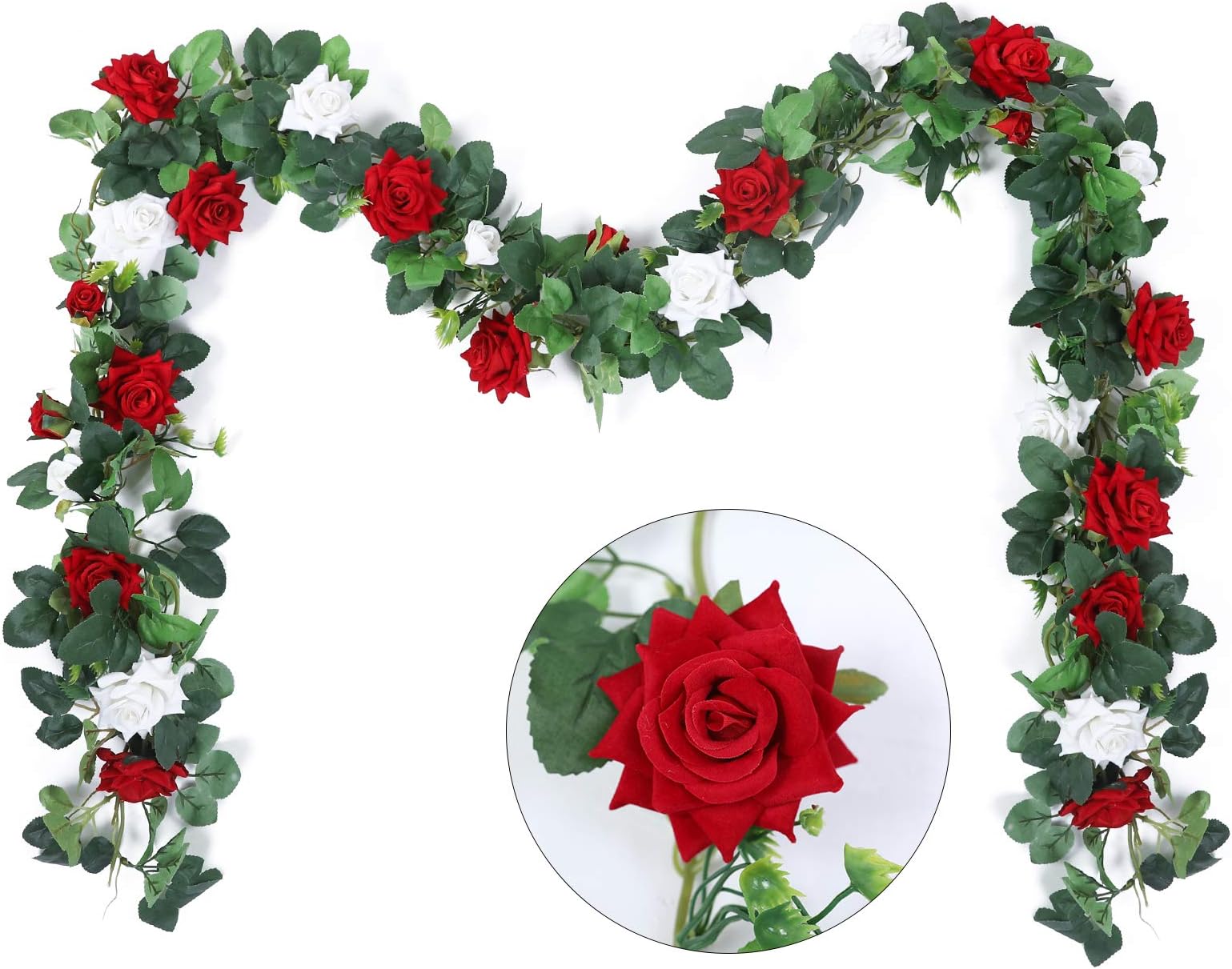 Hobyhoon 3Pcs/27Heads Artificial Rose Garland Silk Velvet Flowers Vines Fake Hanging Ivy Plant For Wedding Party Home Wall Garden Decorations (Red 2pcs + White 1pcs)