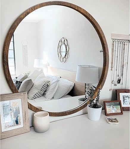 Miniatura 247 de JJUUYOU Espejo circular de pared redondo para baño, espejo de tocador gris, pequeño círculo decorativo para pared, marco de madera, espejo