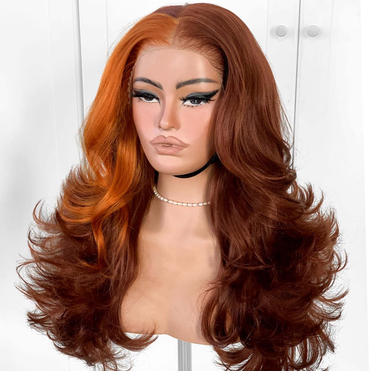 BlackSwern Skunk Strip Feather Layered Wig Pre Plucked Cutting Style Reddish Brown With Ginger 13x6 Synthetic Lace Front Wig Glueless Natural Hairline Hair.#Reddish Brown With Ginger Skunk Strip
