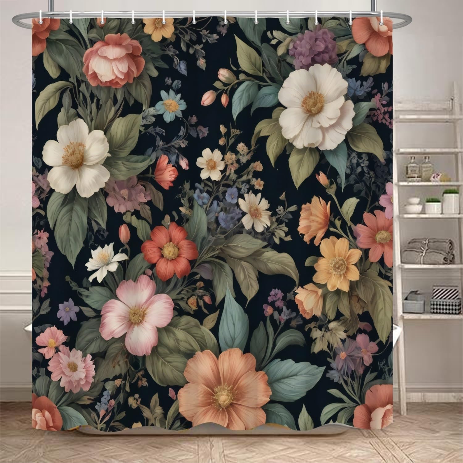 Vintage Floral Shower Curtain Retro Colorful Flowers Tropical Leaves Nature Botanical Bath Curtain Waterproof Polyester Fabric for Modern Aesthetic Garden Bathroom Decor 72x72 Inch