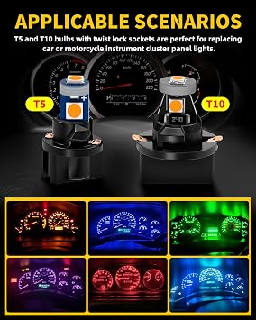 AUXLIGHT T5 74 T10 194 LED Bulbs with Twist Lock Socket PC74 PC37 PC168 PC175 PC194 Replacement for Dashboard Instrument Panel Gauge Cluster Car Interior Map Dome Lights, Amber Yellow (40 Pieces)