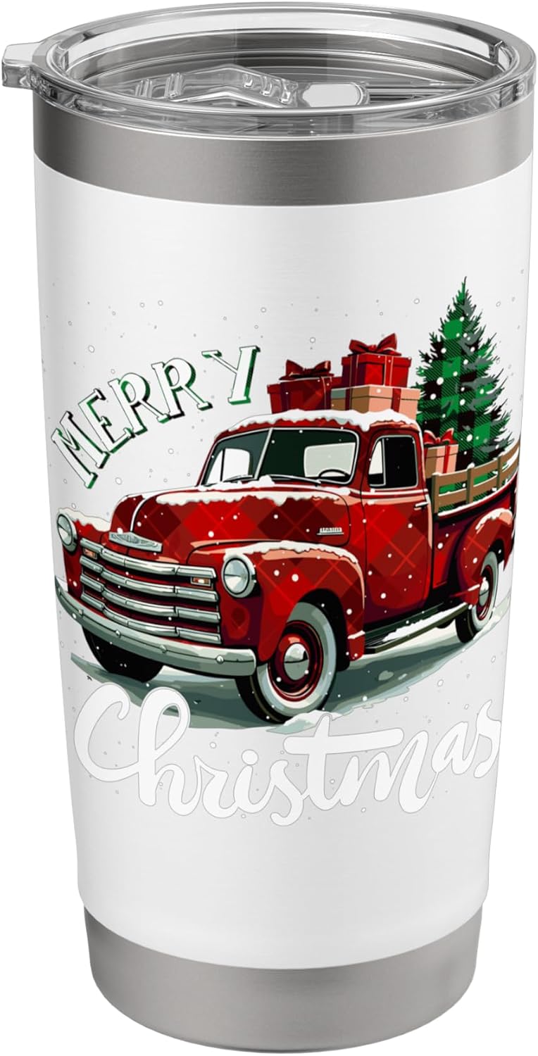 Vintage Style Farm Red Truck with Christmas Tree Stainless Steel Insulated Tumbler