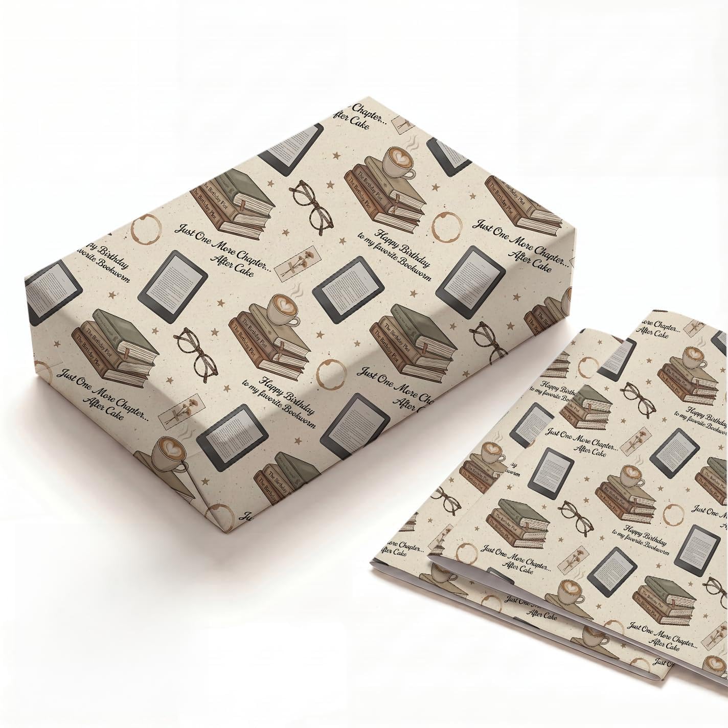 Cozy Bookworm Birthday Wrapping Paper 2 Folded Sheets, Thick Kraft Wrapping Paper for Women, Reading Glasses Coffee Print Present Packaging for Book Lover Friend