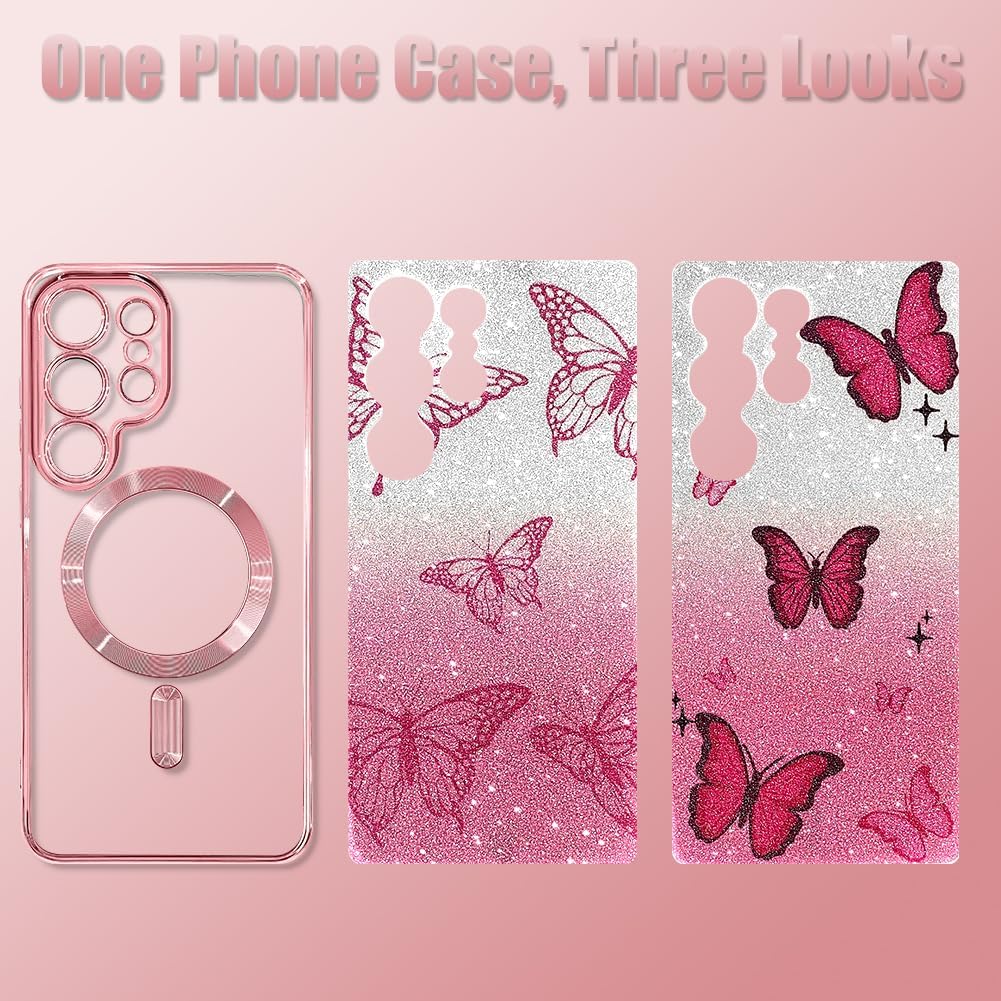 Case Fit for Samsung Galaxy S26 Ultra 6.9 Inch [Compatible with MagSafe] Glitter Bling Case [2 Pieces of Butterfly Design Insert] Soft TPU Shockproof Anti-Scratch Phone Cover for Women - Pink