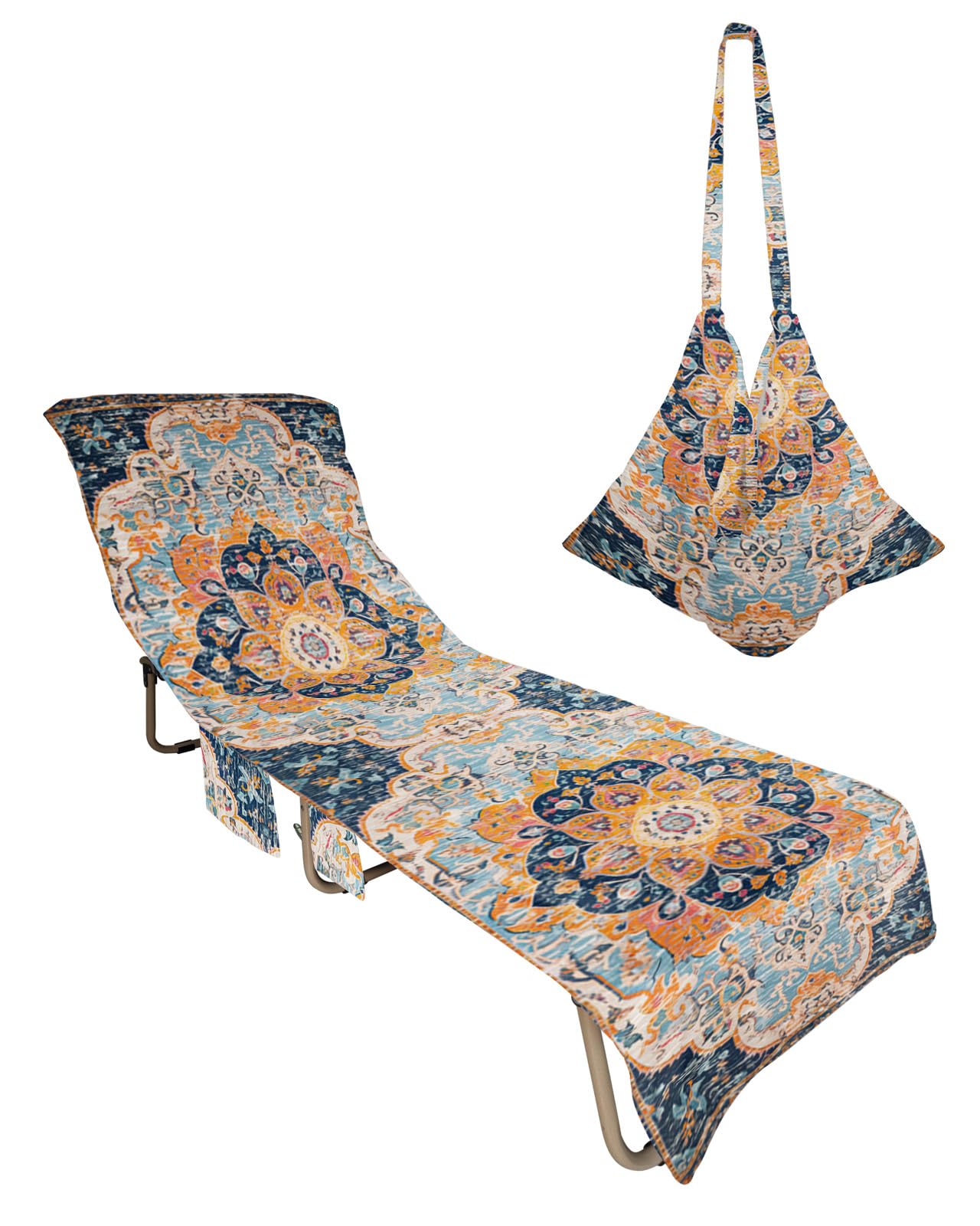 Abstract Flower Beach Chair Towel Covers for Chaise Lounge with Side Pocket, Soft Plush Pool Towels Cover for Patio Sunbathing Outdoor 29''x85'' Boho Vintage Colorful Native Print