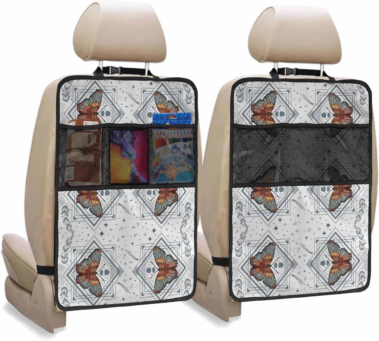 T&H XHome Car Seat Protector, 2 Pack Kick Mats Back Seat Protector Butterfly Geometric Lines and Stars Pattern Waterproof Backseat Cover for Kids Universal Fit Automotive Interior Protectors
