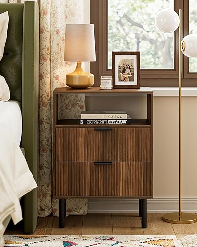 Miniatura 11 de Mesita de noche, mesita de noche de 25.7 pulgadas de alto con estante de 2 cajones, mesita de noche Morden con marco dorado, mesa auxiliar acanalada