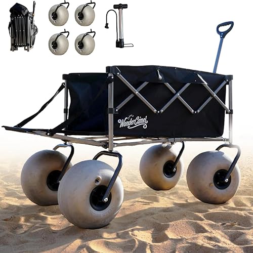 Beach Wagon with 13" Balloon Wheels for Sand - Extended Tailgate for Extra Space & Easy Access - Heavy Duty Folding Beach Cart, 300LBS 185L Large Capacity, Black
