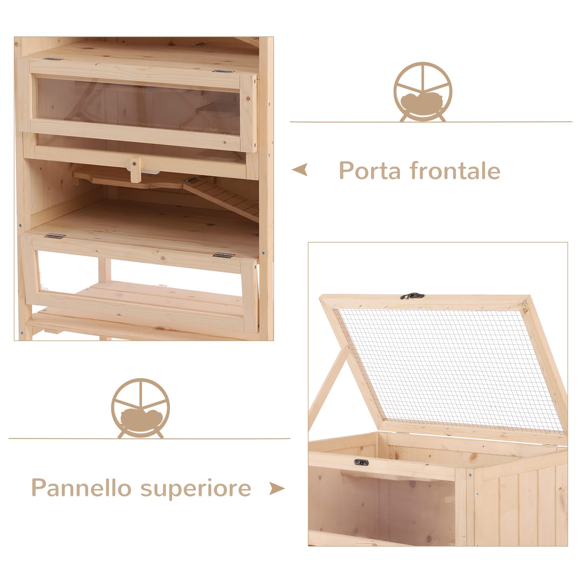 PawHut Gabbia per Roditori e Criceti a 4 Ripiani con Tetto Apribile in Legno 60x40x120cm