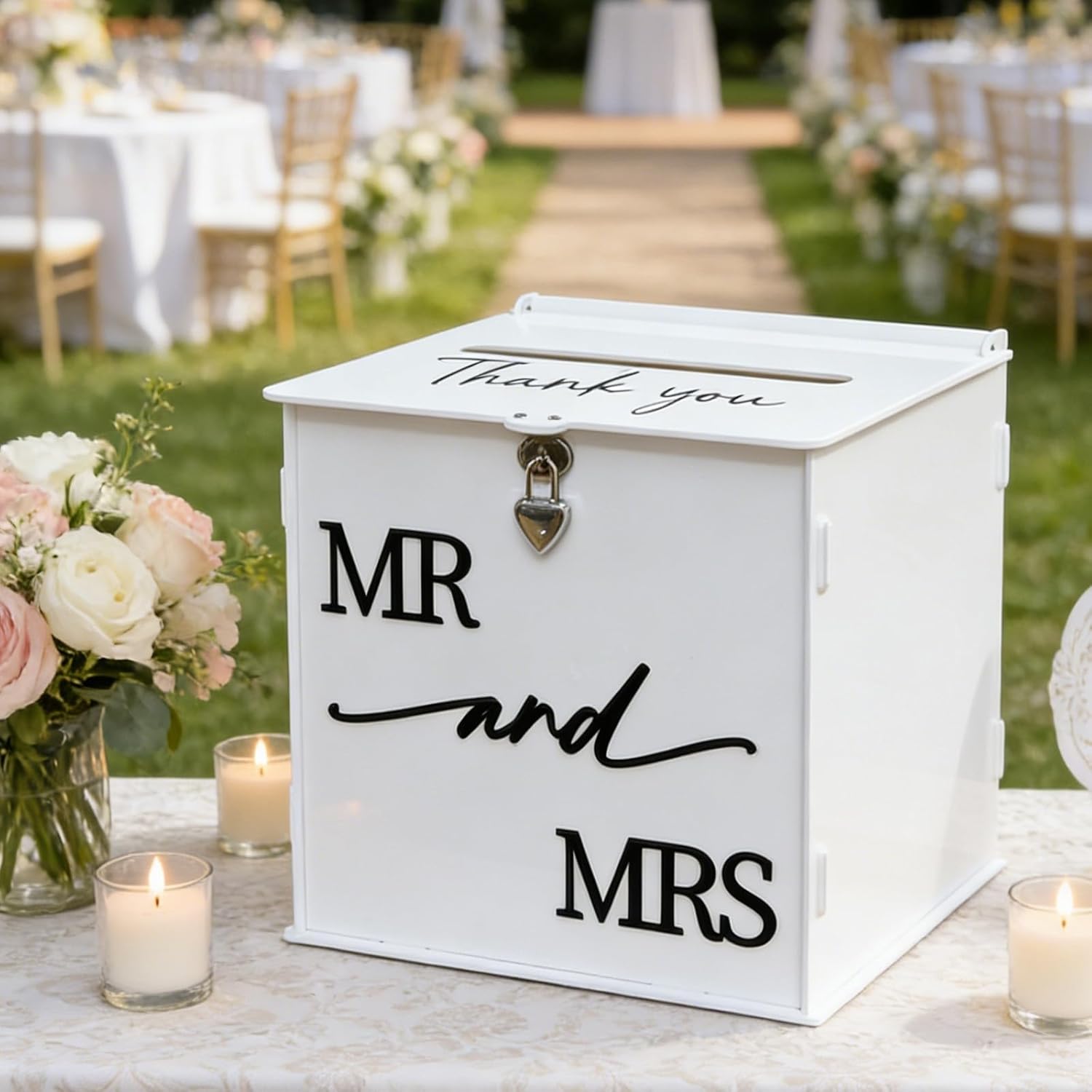 White Acrylic Card Box with Lock, DIY Wedding Card Boxes for Reception with Mr and Mrs 3D Pop Out Text, Envelope Money Gift Cards Box for Party Wedding Engagement Bridal Shower Table Decor