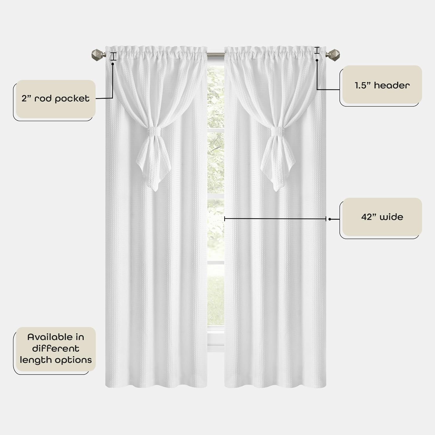 Allegra Window Curtain Panel with Attached Teardrop-Style Valance - 42 Inch Width, 63 Inch Length, 2-inch Rod Pocket - White - Ultra-Soft Light Filtering Fabric & Machine Washable by Achim Home Decor