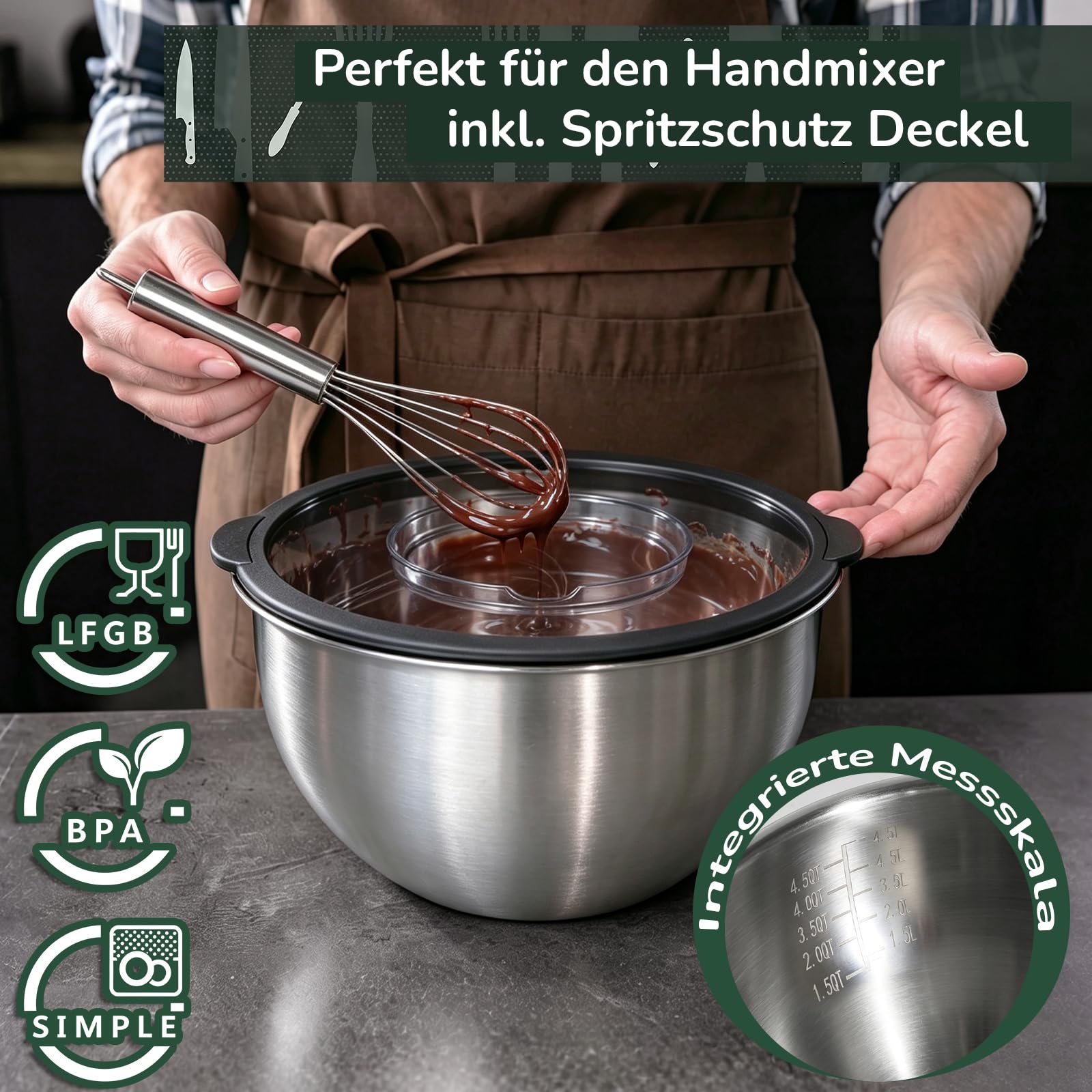 Salatschüssel mit Transparentem Deckel 5er Set - Edelstahl Rührschüssel aus stapelbar, 0,7l + 1,7l + 2,2l + 3,4l + 5,6l, Schüsselset zum Mischen & Servieren | Spülmaschinenfest | inkl.Reibe