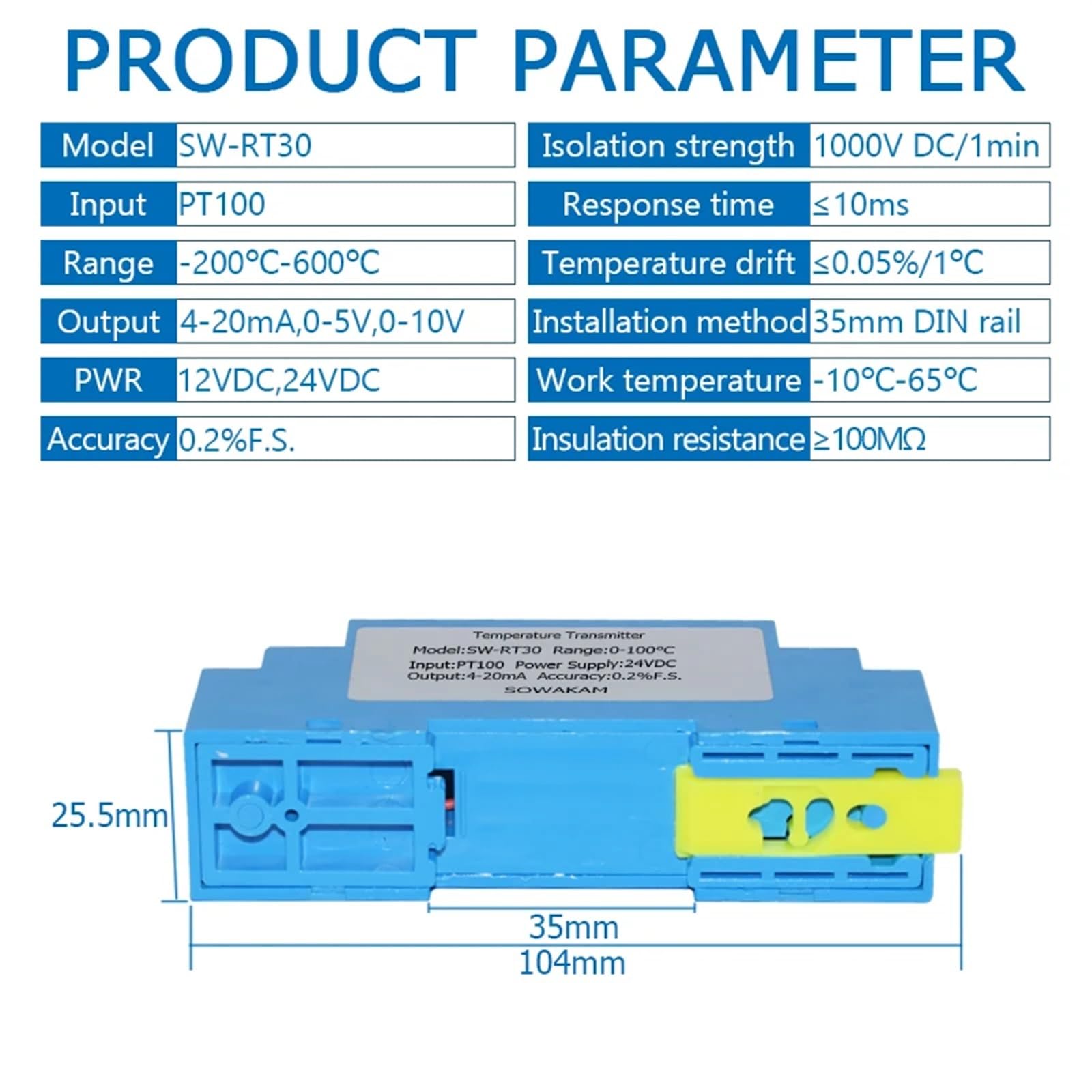 Transmisor de temperatura PT100 en carril DIN, módulo de sensor PT100, -200-600 ℃, 4 20mA, 0-5V, 10V, transductor de temperatura termistor de salida (Color : 0-50C 0-5V)