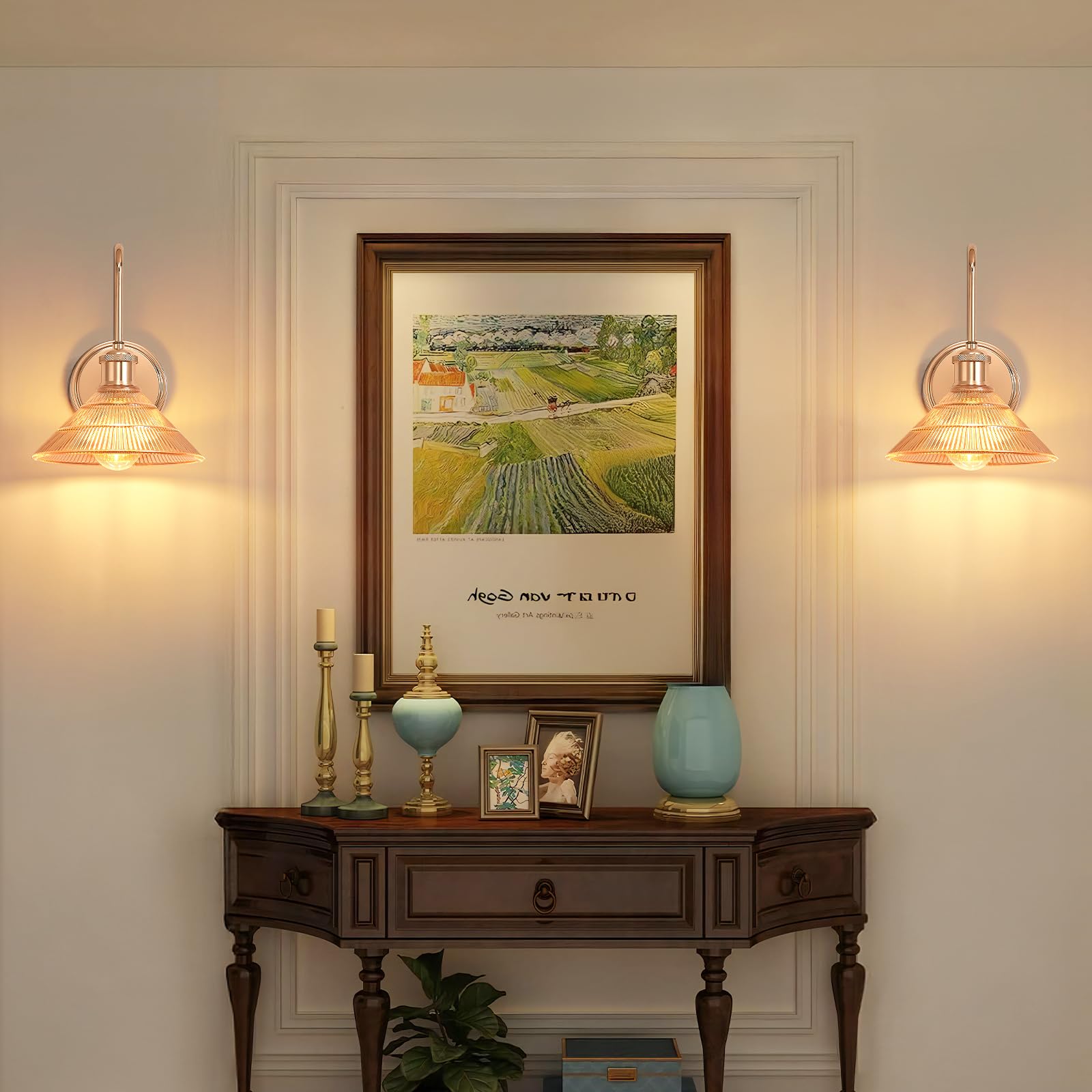 Wandleuchte Set 2-tlg, Goldfarben Vintage Wandlampe mit Rundem Bernsteingelben Glasschirm, Festverkabelte Wandleuchten für Schlafzimmer, Badezimmer, Wohnzimmer | Inkl. 2 LED Birnen