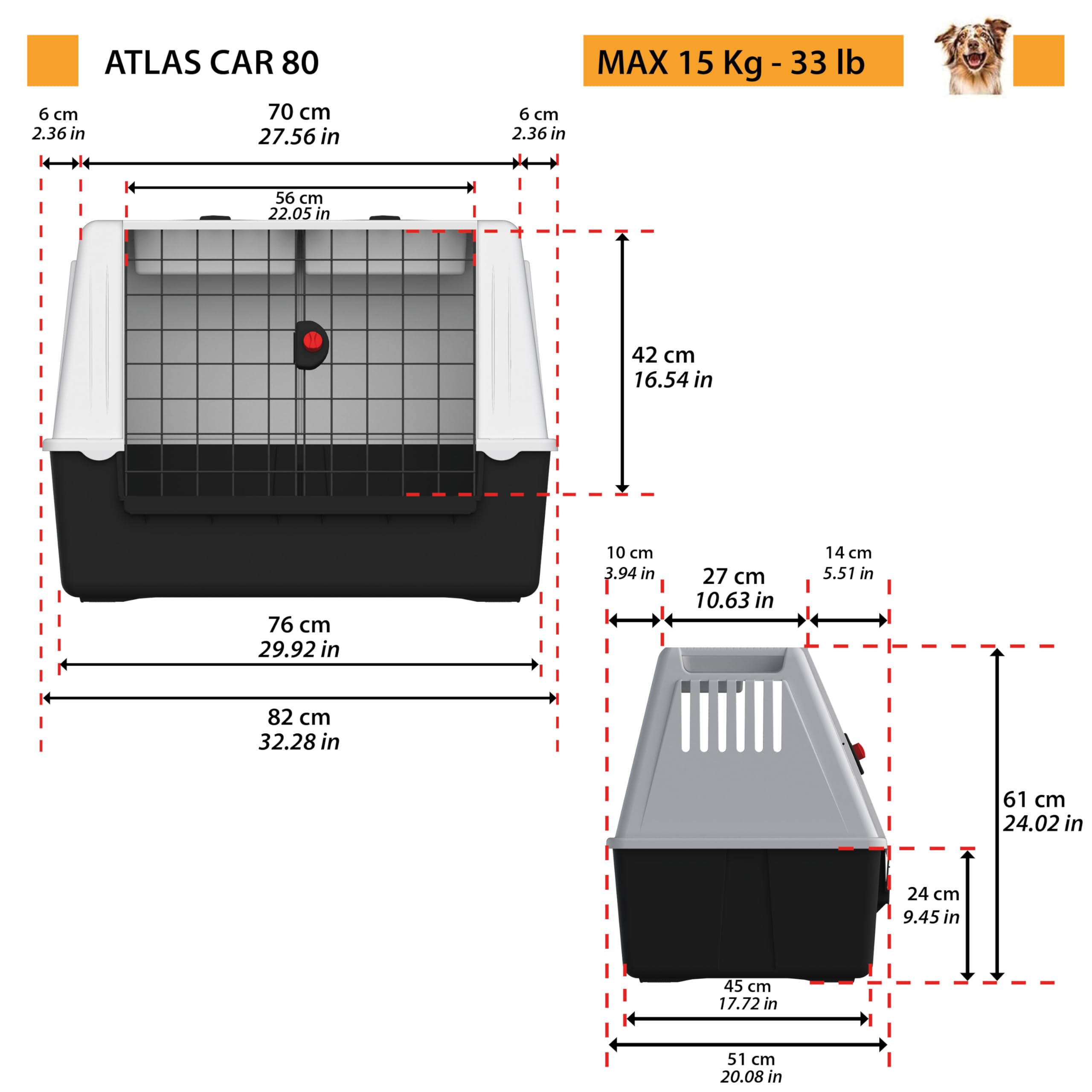 Ferplast ATLAS CAR 80 SE Trasportino per Cani da Auto con Portaoggetti, Maniglie, Griglia Ventilazione, Doppia Apertura Scorrevole con Chiusura Sicura, Max 20 kg, 82 x 51 x h 61 cm