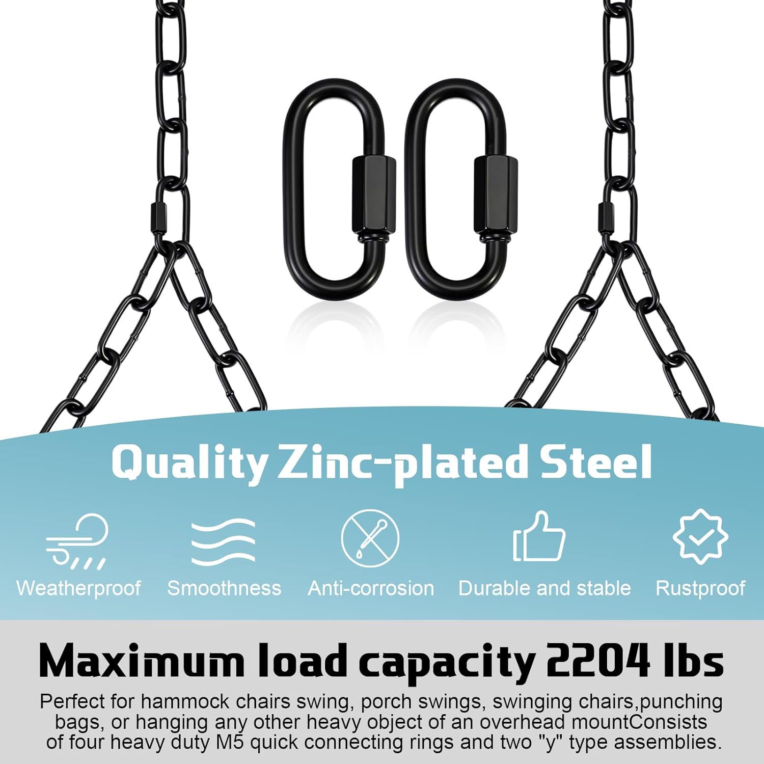 Heavy Duty Porch Swing Hanging Chain Kit (2 Pack) 1500 Lbs Capacity, Up to 7.1ft Length- Rustproof Zinc-Plated, 4 Quick Links & 2 Y-Chain Assemblies, Indoor/Outdoor Hanging Hardware(Black)