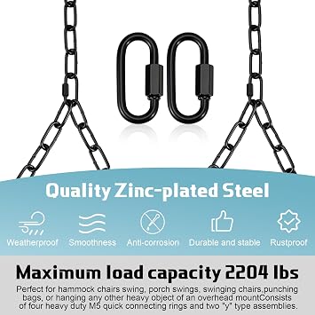 Heavy Duty Porch Swing Hanging Chain Kit (2 Pack) 1500 Lbs Capacity, Up to 7.1ft Length- Rustproof Zinc-Plated, 4 Quick Links & 2 Y-Chain Assemblies, Indoor/Outdoor Hanging Hardware(Black)