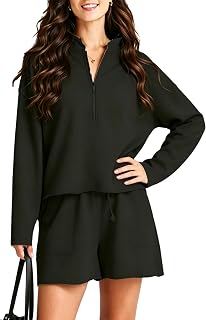 Bozanly Two Piece Outfits for Women Trendy Long Sleeve Tops Shorts Set | Lounge Set, Quarter Zip Sweatshirt, Pockets, Wide Leg Shorts, Solid Color & Striped, Casual, Dressy, Spring, Summer, Fall