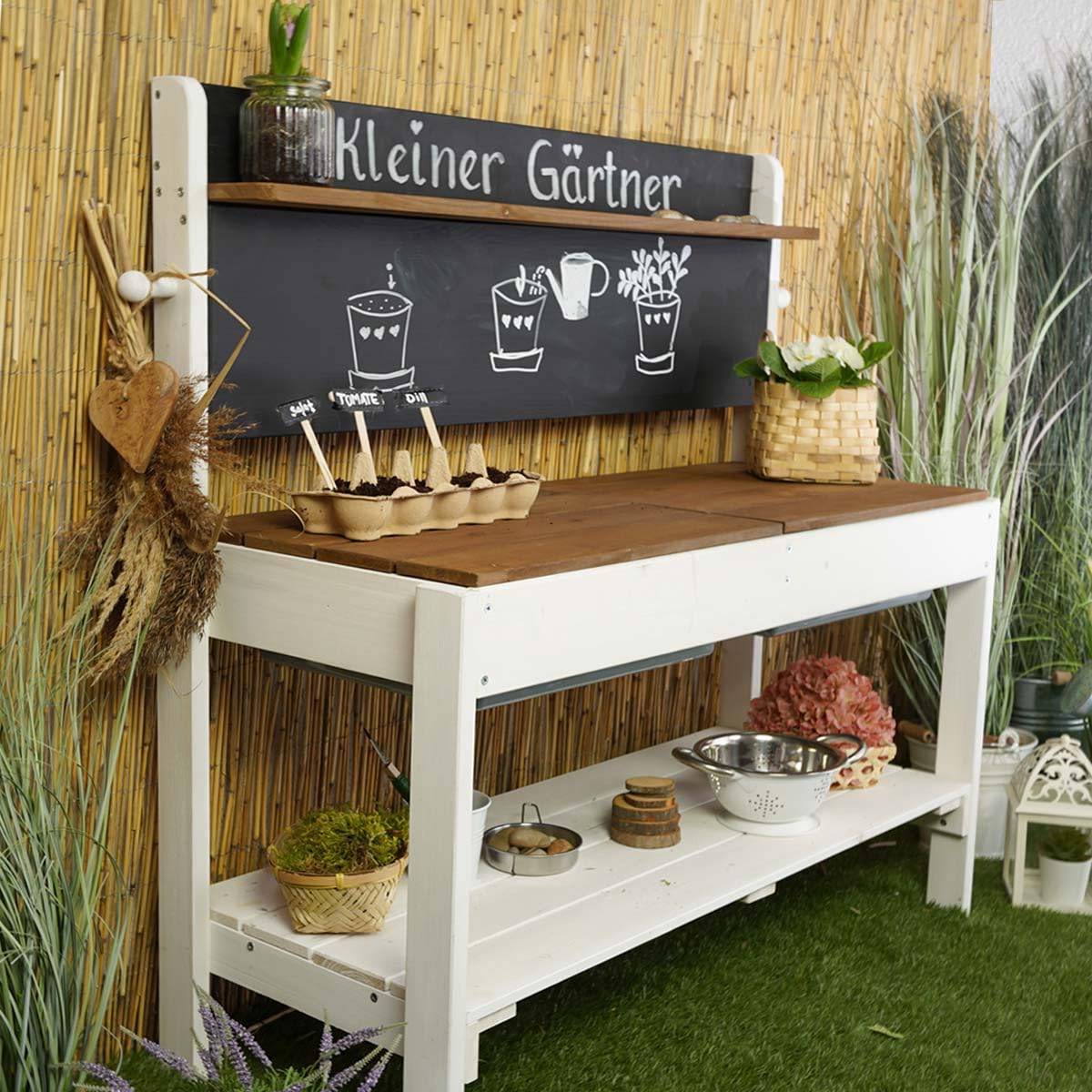 Meppi Matschküche Kleiner Gärtner aus Holz - Outdoorküche für Kinder mit Matschwannen - Pflanztisch & Basteltisch
