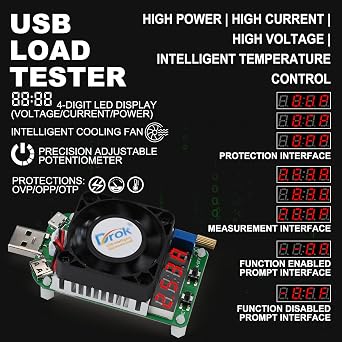 DROK USB Load Tester, Electronic Load Test Resistor Module 25W LD25 USB and Type C Interface Discharge Adjustable Constant Current 0.25A-4A Intelligent Temperature Control with Cooling Fan