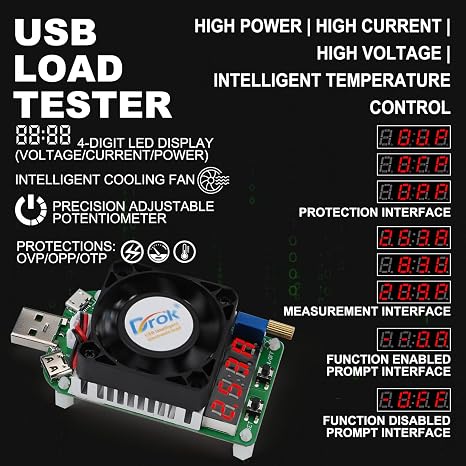 DROK USB Load Tester, Electronic Load Test Resistor Module 25W LD25 USB and Type C Interface Discharge Adjustable Constant Current 0.25A-4A Intelligent Temperature Control with Cooling Fan