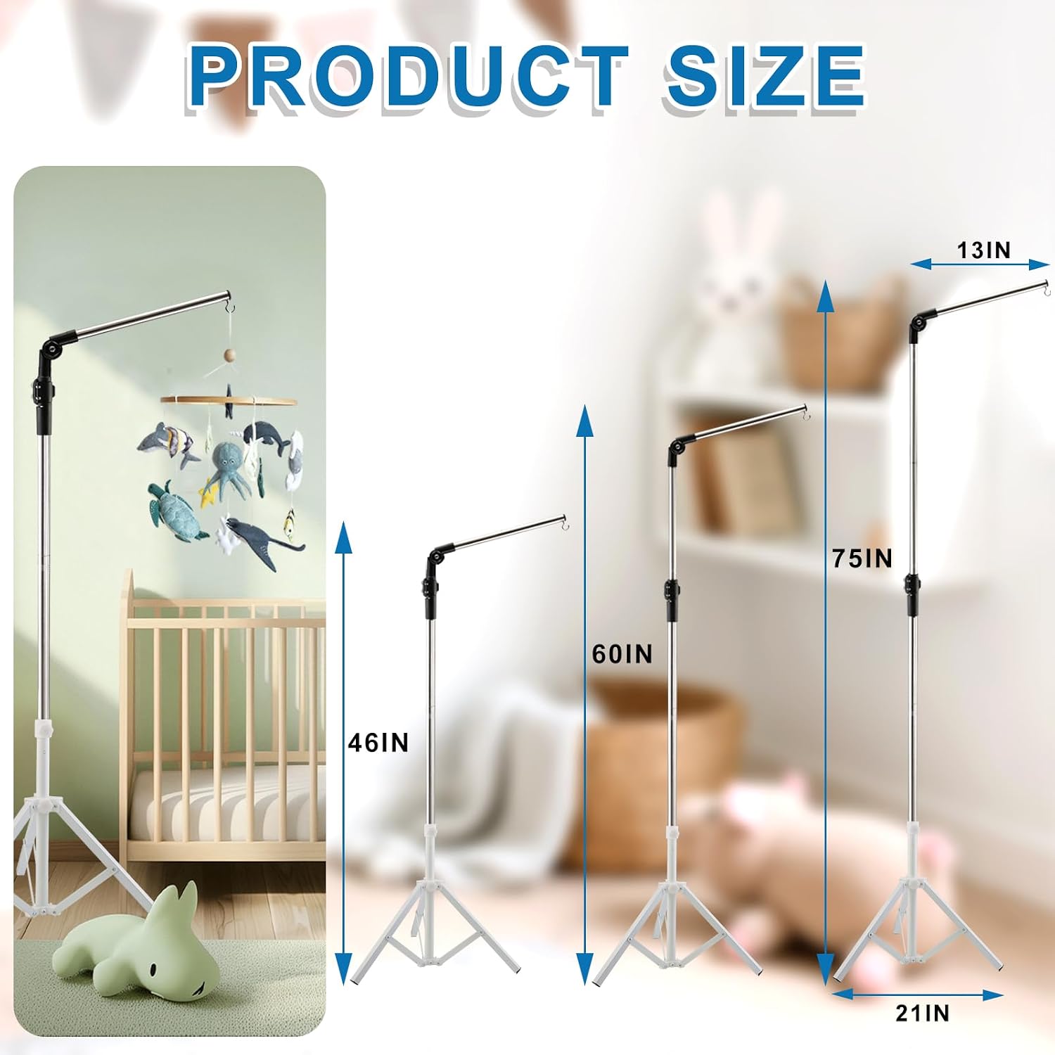 Baby Crib Mobile Arm,Mobile Hanger for Crib 56-78" Adjustable Height Top Can Rotate 180° Suitable for Baby Girls Boys Stainless Steel Material Sturdy and Stable Base