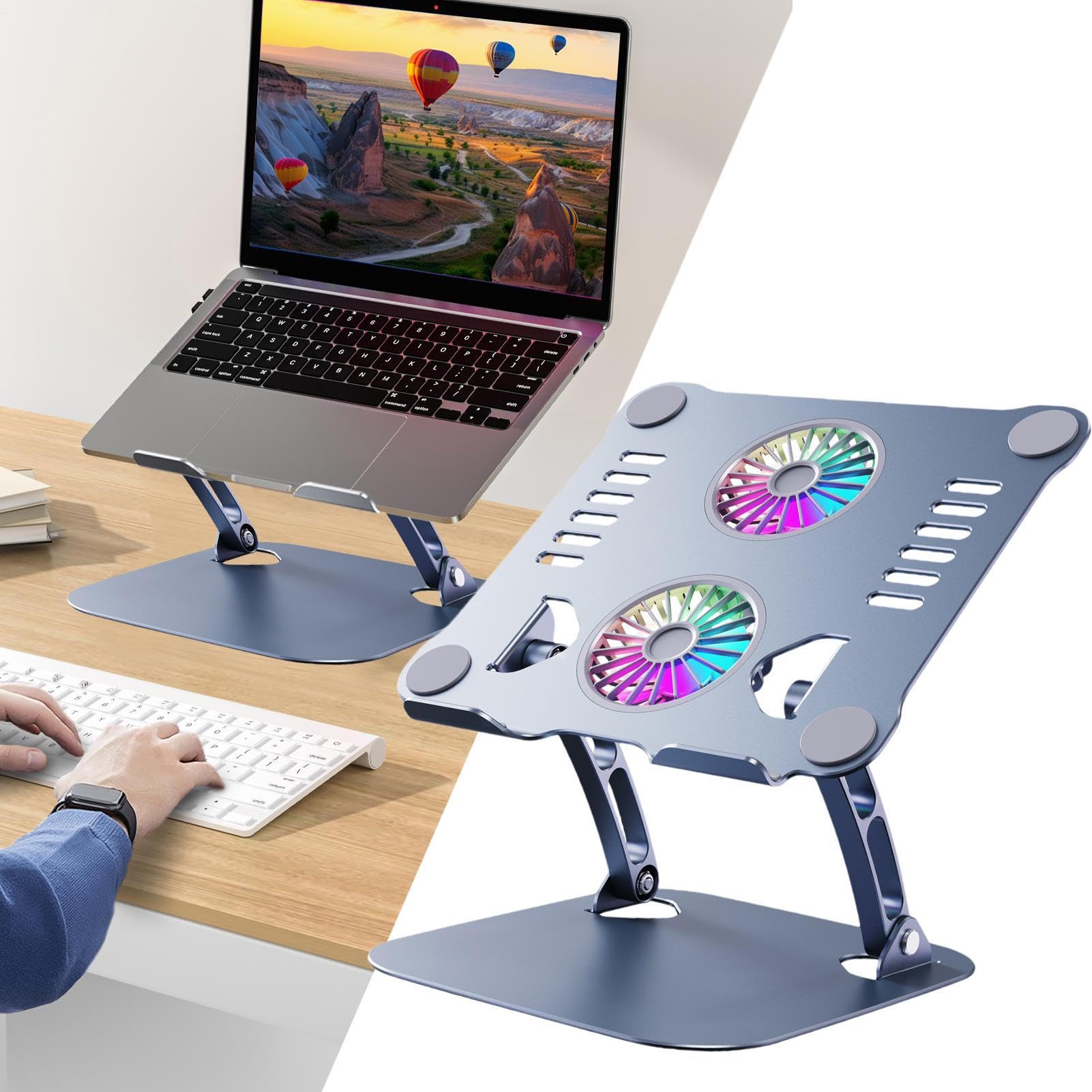 Wentylator stoj?cy laptopa, regulowana podk?adka ?odz?ca | sk?adana ergonomiczna podpórka, metalowa wentylowana podpórka do zapobiegania przegrzaniu, podró? do domu i do u?ytku w ?ó?ku