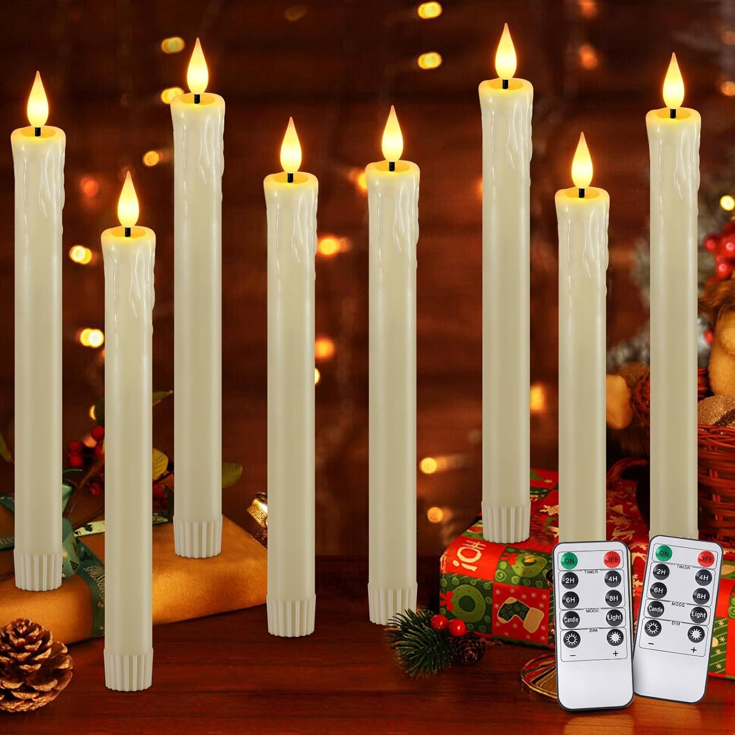 OCATO Flameless Candles with Remote: 8 Pack Battery Operated Window Candles 9.6" Real Wax LED Flickering Flameless Taper Candles 3D Wick Lights Halloween Christmas Wedding Decorations Cream