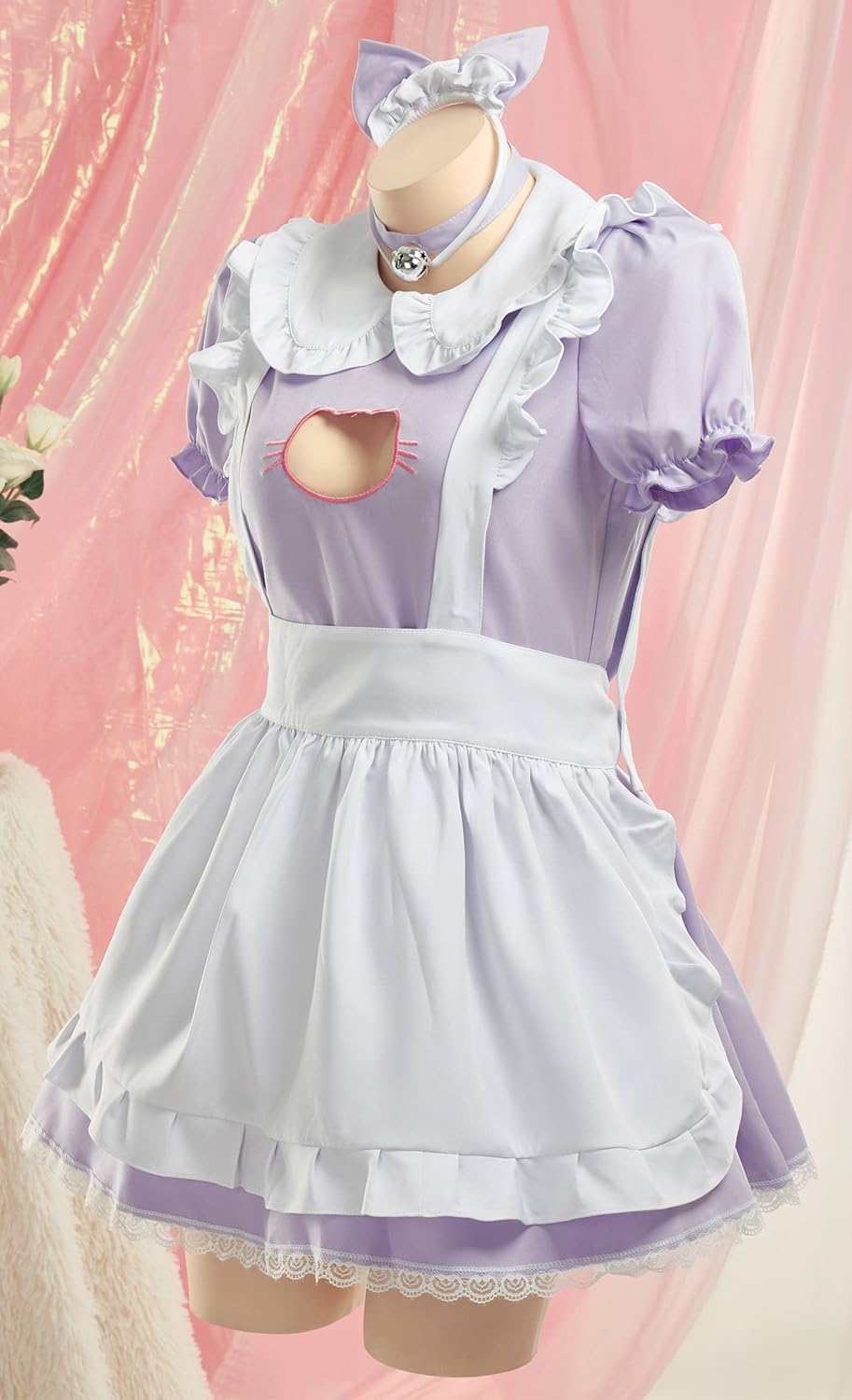 MEOWCOS Women's Maid Dress French Apron Kawaii Kitty Dress with Paw Embroidery Anime Cosplay Costume