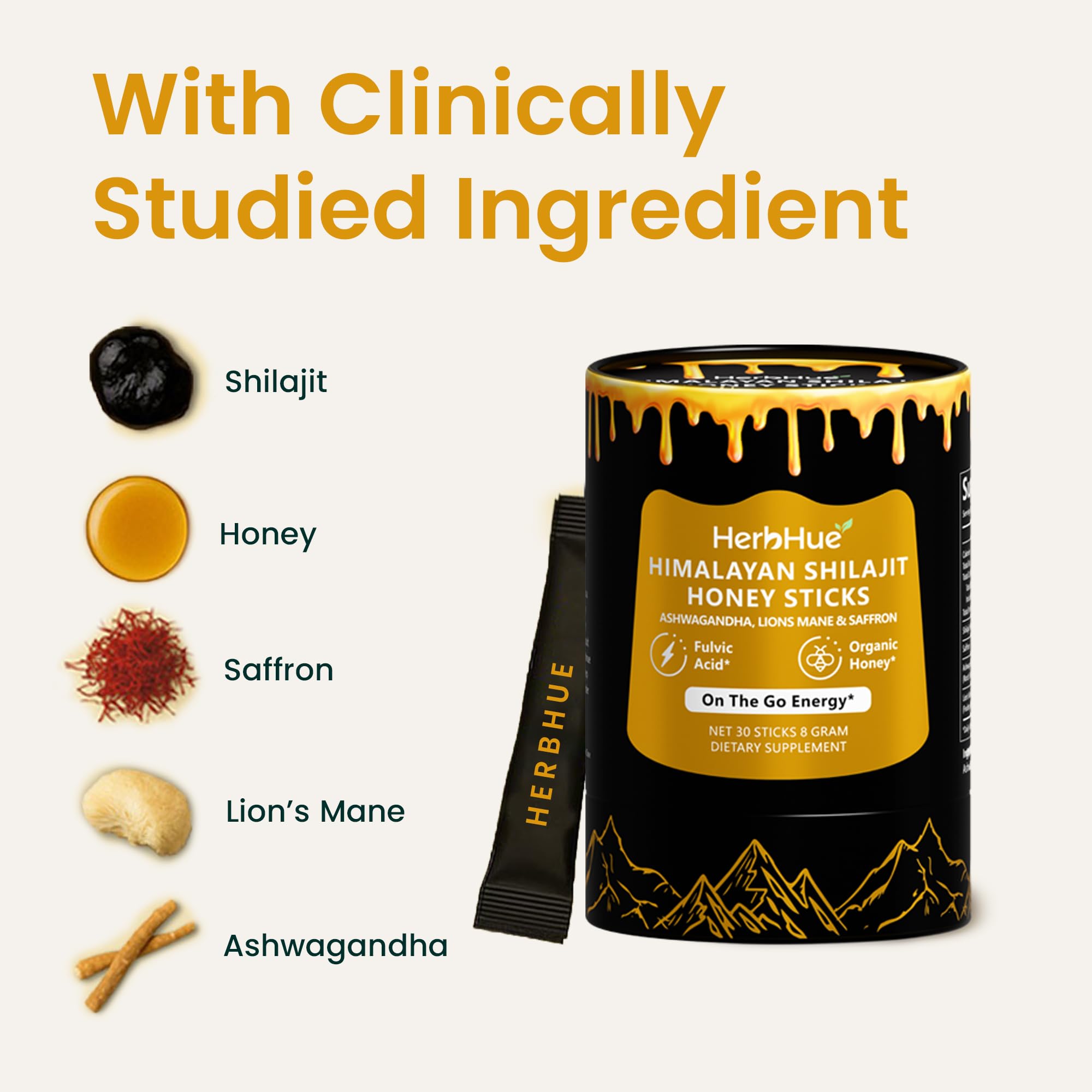 HerbHue - Palitos de shilajit del Himalaya - 30 sobres | 79% de ácido fúlvico | con Ashwagandha, melena de león y azafrán | Mezcla de miel de una sola porción