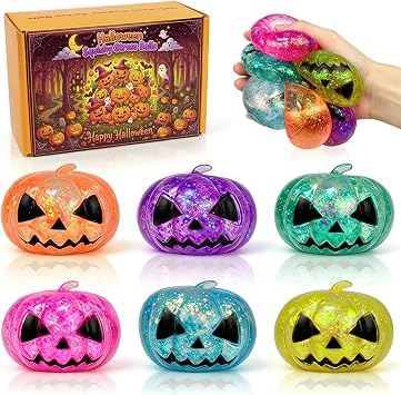Pinkiwine 6 Pack Halloween Pumpkin Squishy Stress Balls Toys for Kids Halloween Party Favors Halloween Treat Bags Gifts Stress Relief