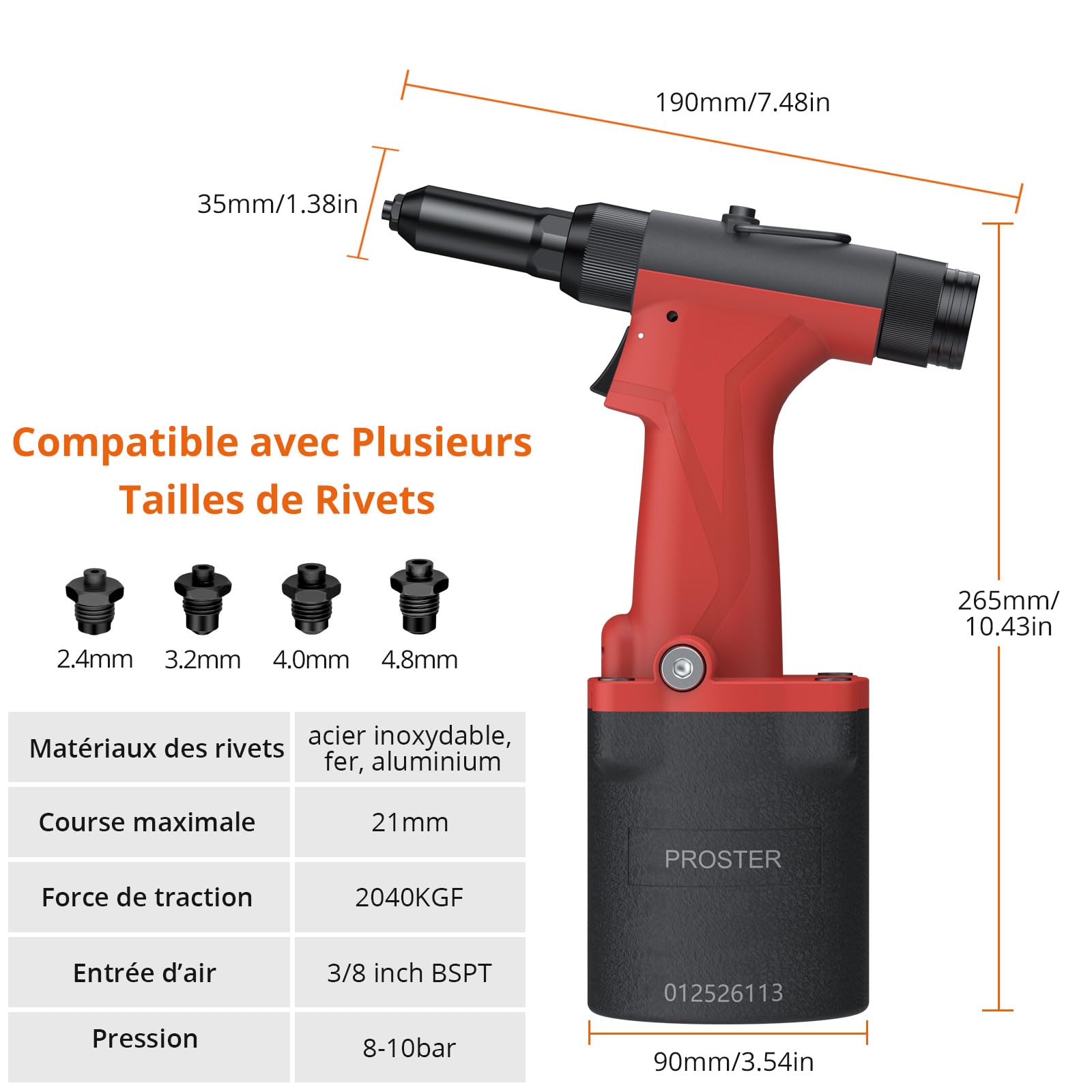 Proster Riveteuse Pneumatique 2040KGF Professionnel - Pistolet à Rivets Léger avec 4 Buses (2,4/3,2/4,0/4,8 mm) pour Rivets Fermés/Doubles/Hippocampe - Outil Rivetage Ateliers, Garages, Bateaux | Pistolet à Rivets Professionnel, Compatible Rivets Fermés,