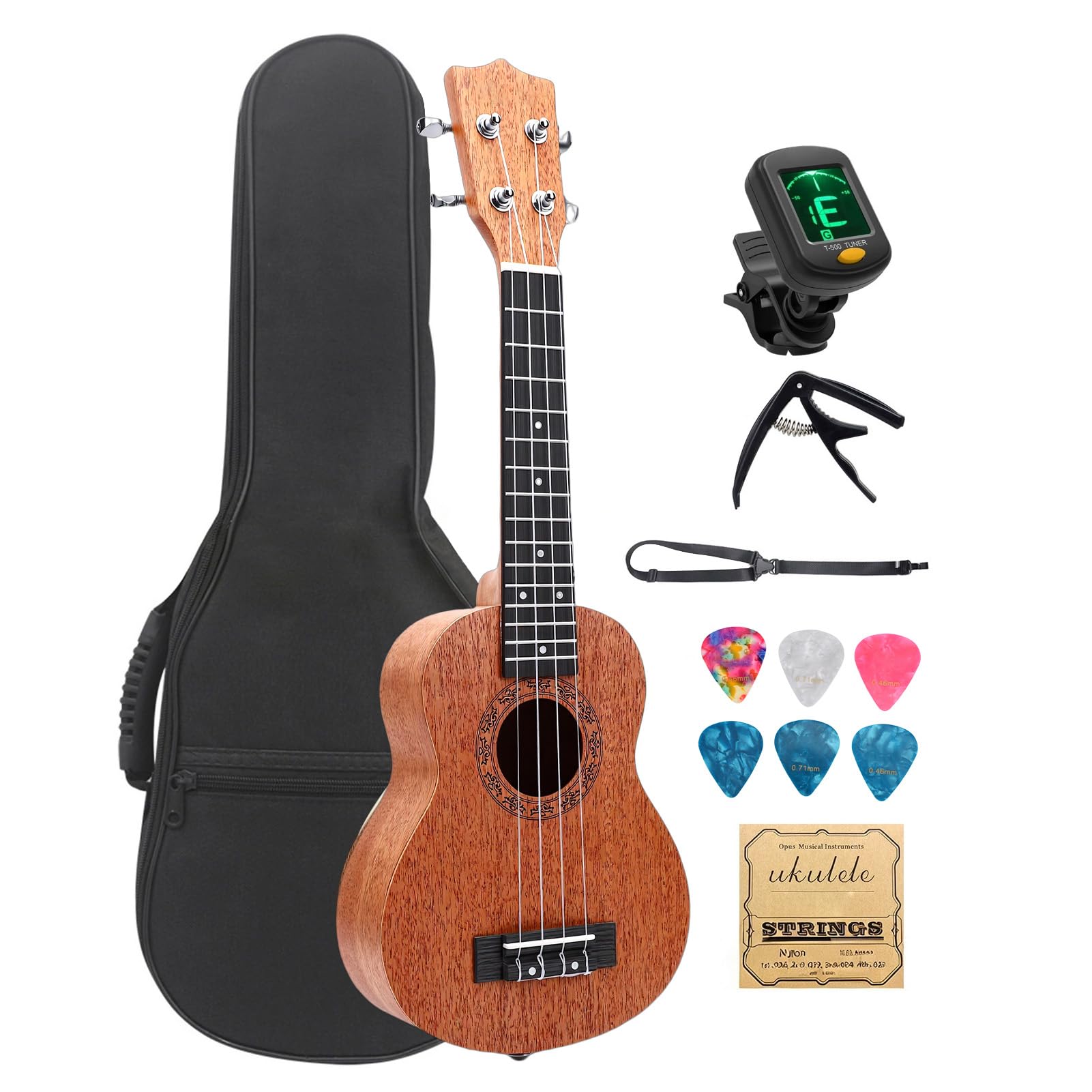 Ukelele de Caoba de 21 Pulgadas, Instrumento de 4 Cuerdas de Madera Maciza, Patrones de Grano Elegantes, Tono Rico, Marrón café, Afinador, Correa, Cejillas, Púas, Bolsa
