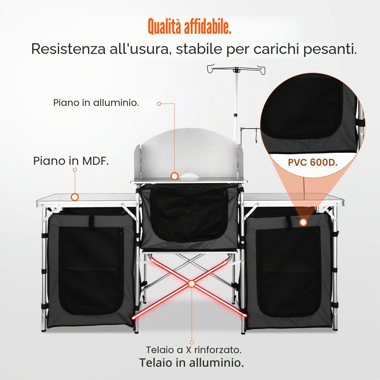 VEVOR Cucina da Campeggio per Cottura Pieghevole Portatile con Parabrezza a 3 Lati Materiale in Alluminio Ferro MDF Dimensioni Estese 174x176x46 cm, Tavolo Pieghevole Portaoggetti da Campeggio per BBQ